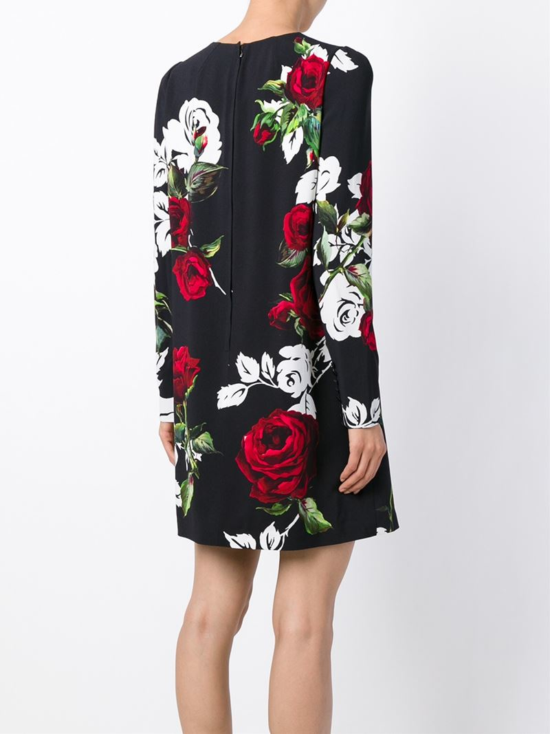 Dolce & Gabbana Rose Print Shift Dress in Black - Lyst
