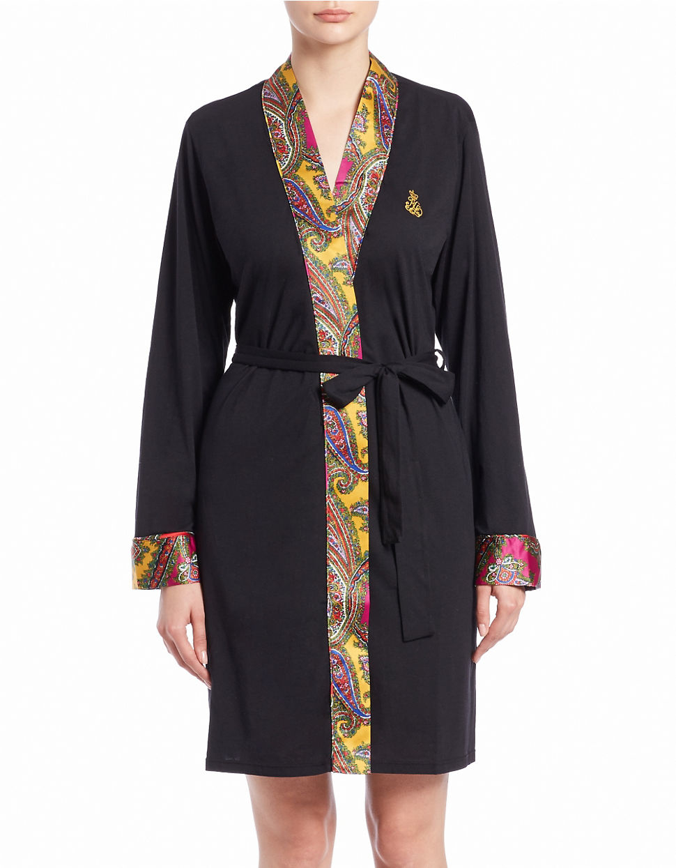 Lauren by ralph lauren Cottonblend Kimono Wrap Robe in Black (Black
