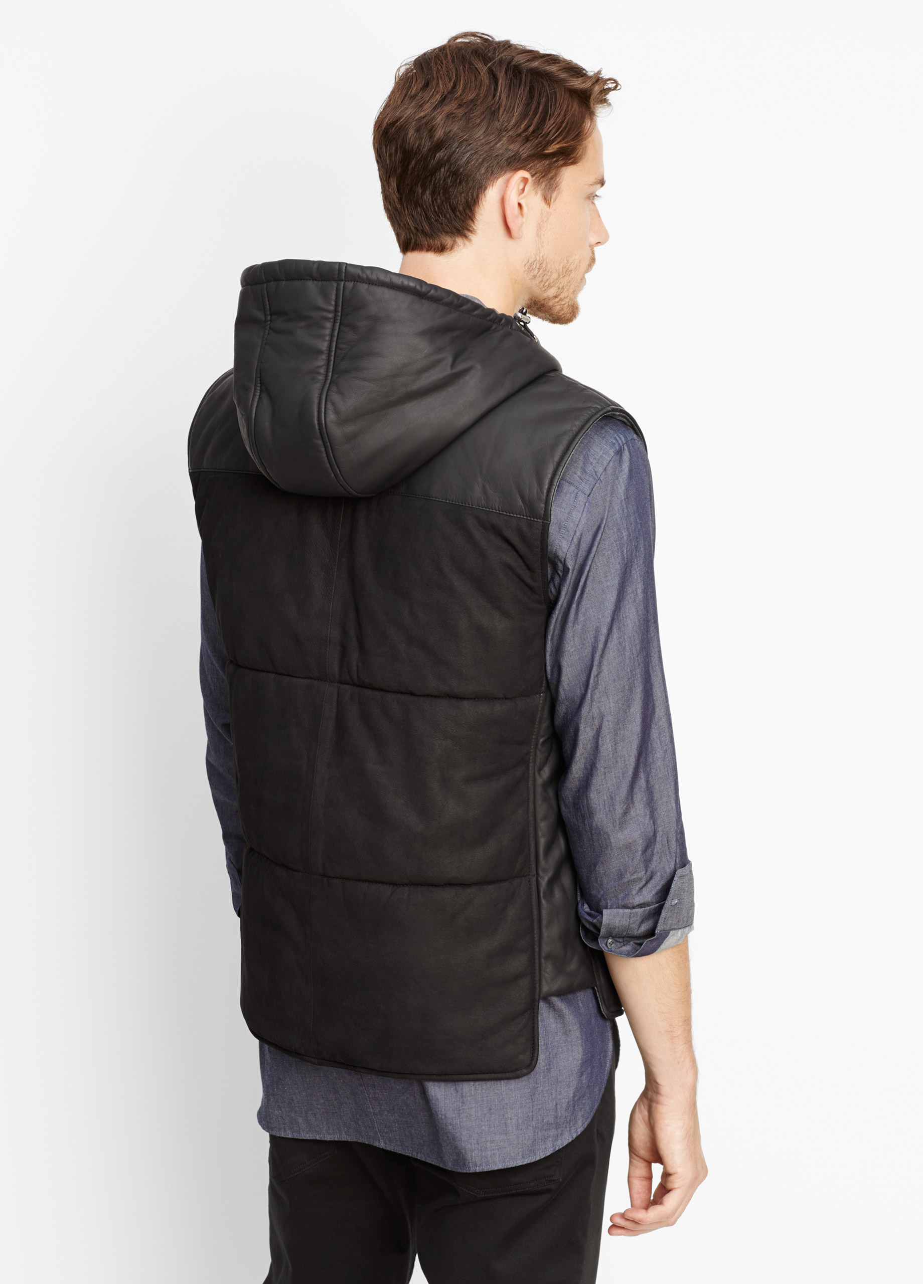 Lyst Vince Leather Pieced Nubuck Vest With Hood in Black for Men