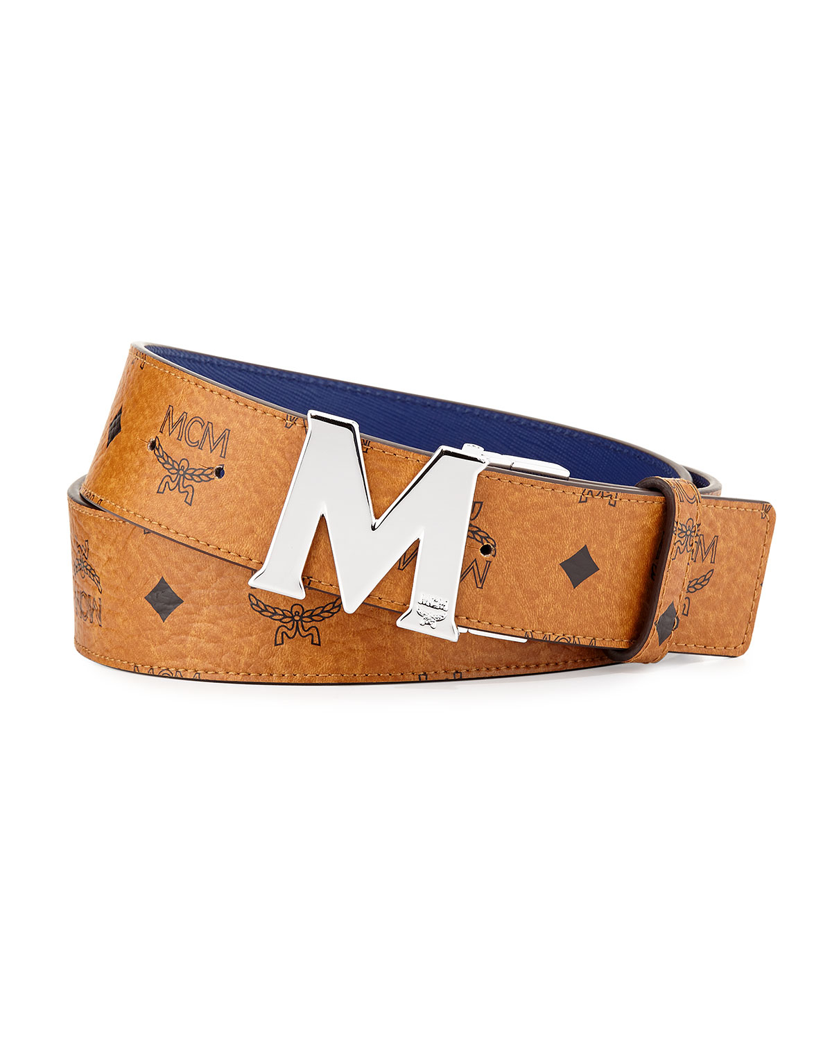 Mcm Reversible M-buckle Monogram Belt in Blue for Men | Lyst