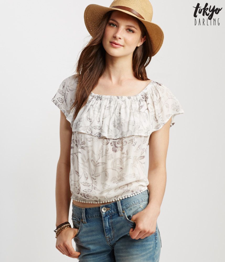 Aéropostale Sheer Floral Ruffle OffTheShoulder Crop Top in Natural Lyst