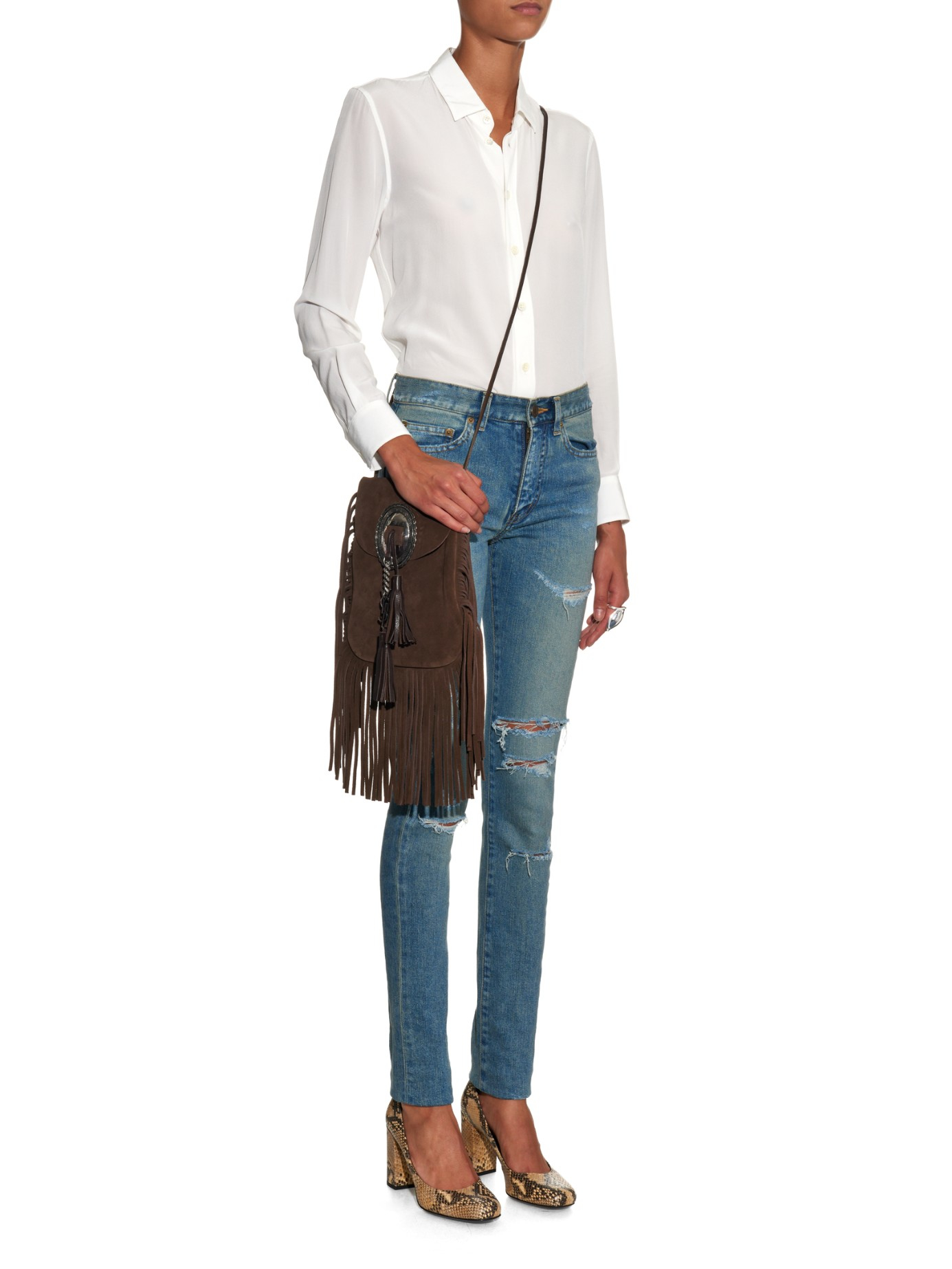 monogram fringe college suede shoulder bag, dark brown