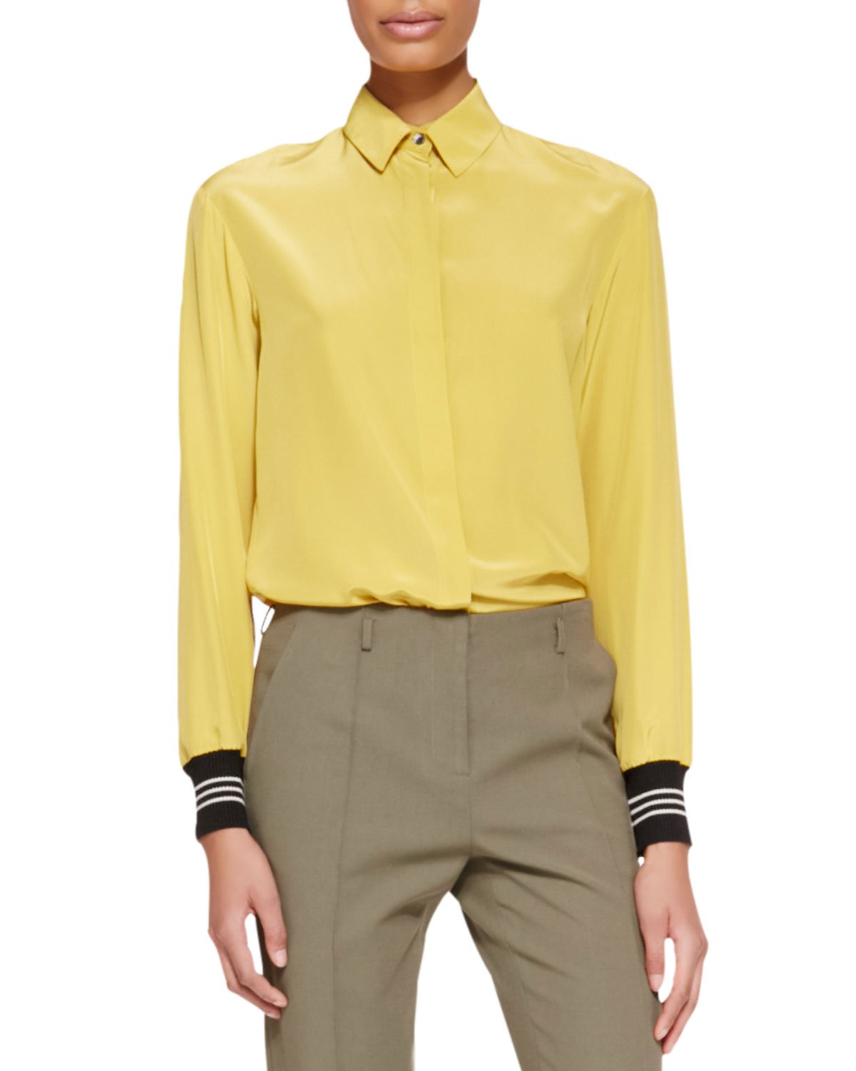 Jason Wu Long-Sleeve Ribbed-Cuff Silk Blouse in Yellow (GOLD) | Lyst