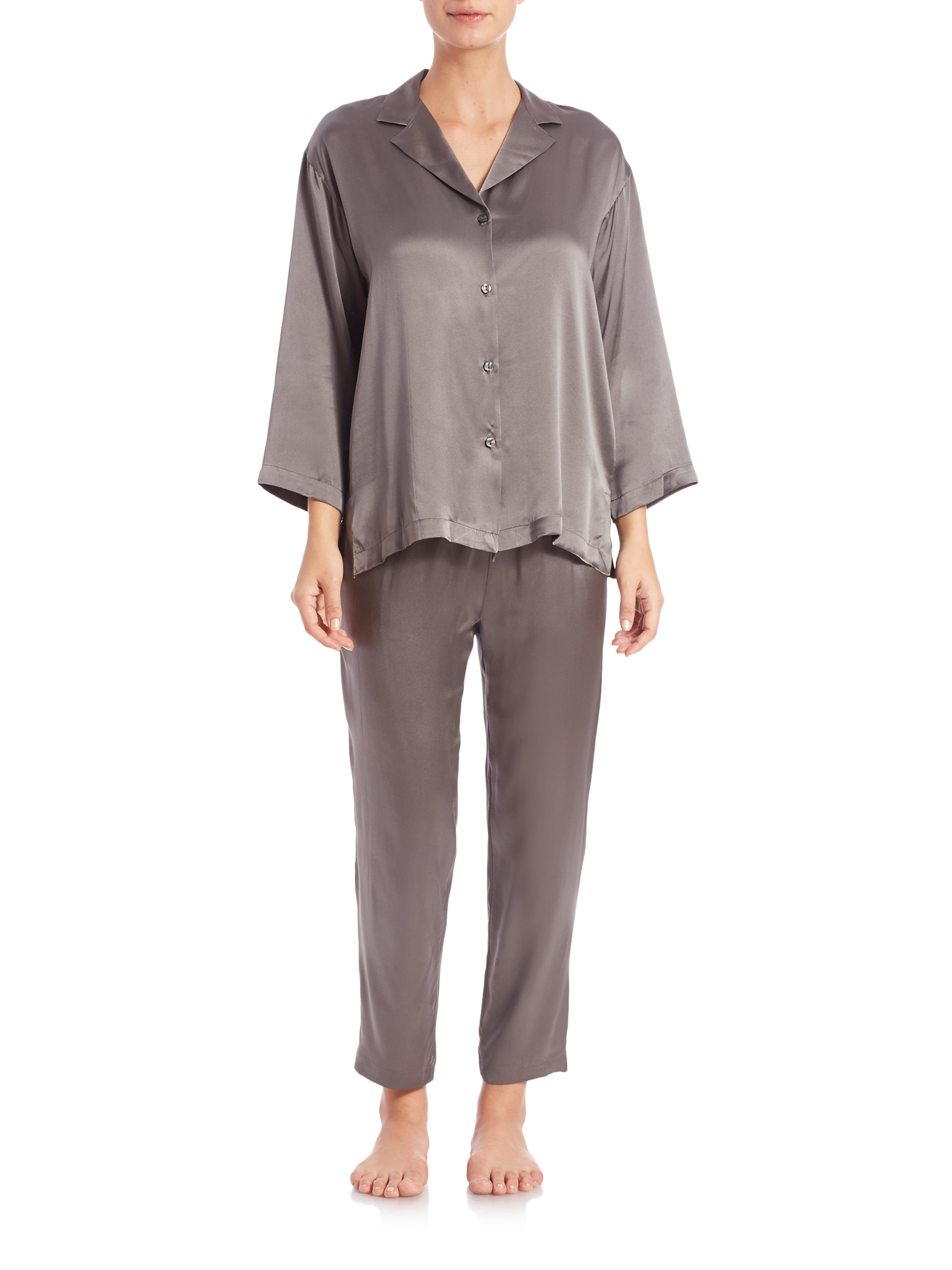 Josie Natori Silk Pajama Set in Silver | Lyst