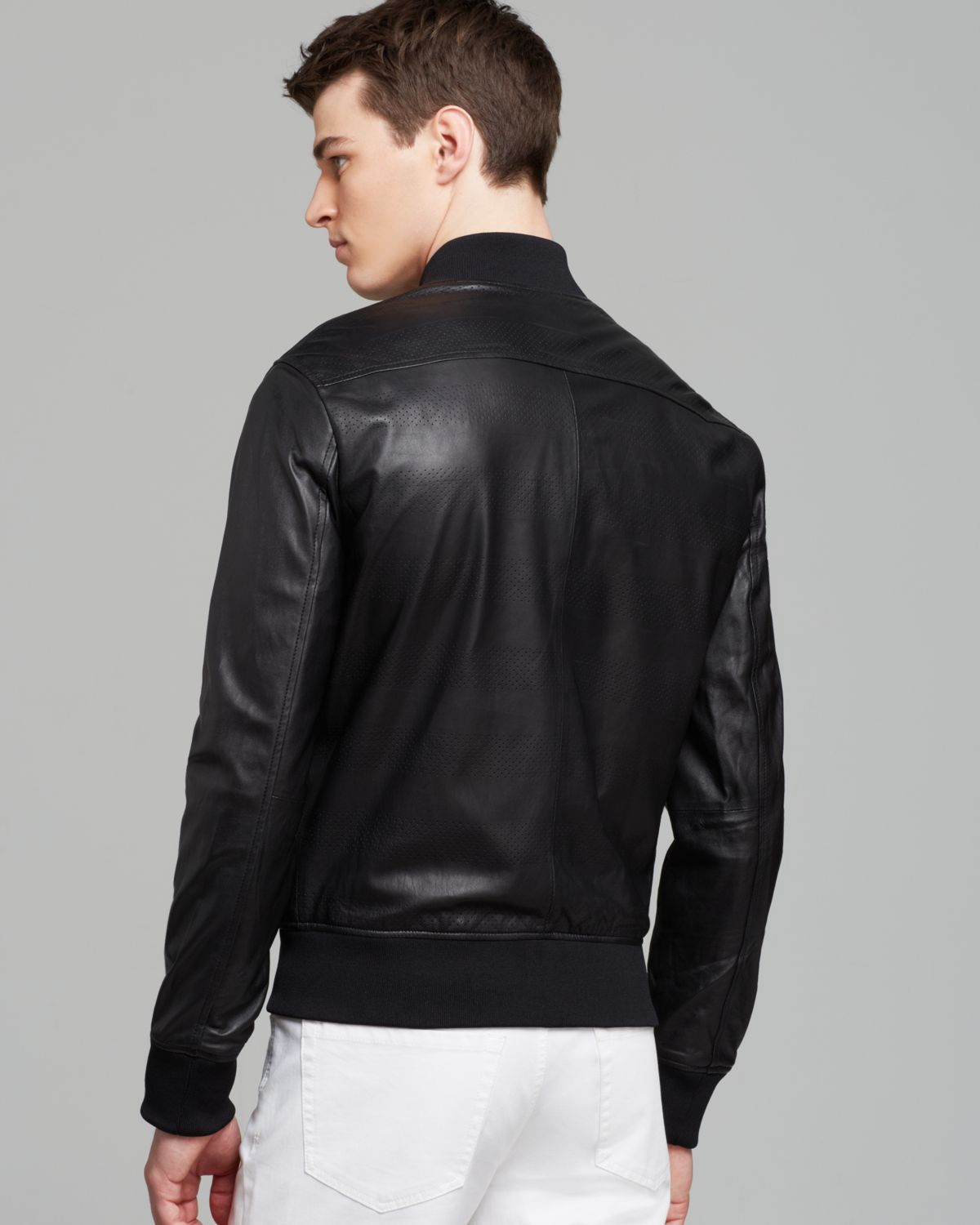 Michael Kors Black Perforated Stripe Leather Jacket For Men