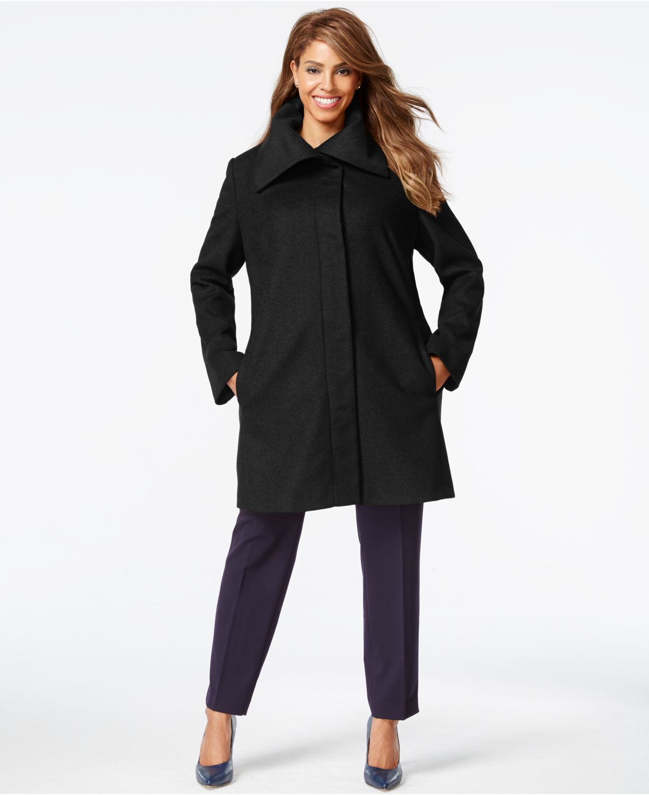 Jones New York Synthetic Plus Size Clean Front Walker Coat in Black - Lyst