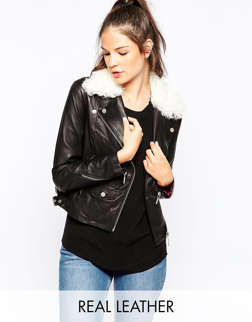 Eleven Paris Leather Jacket With Faux Shearling Collar In Black Lyst Gallery