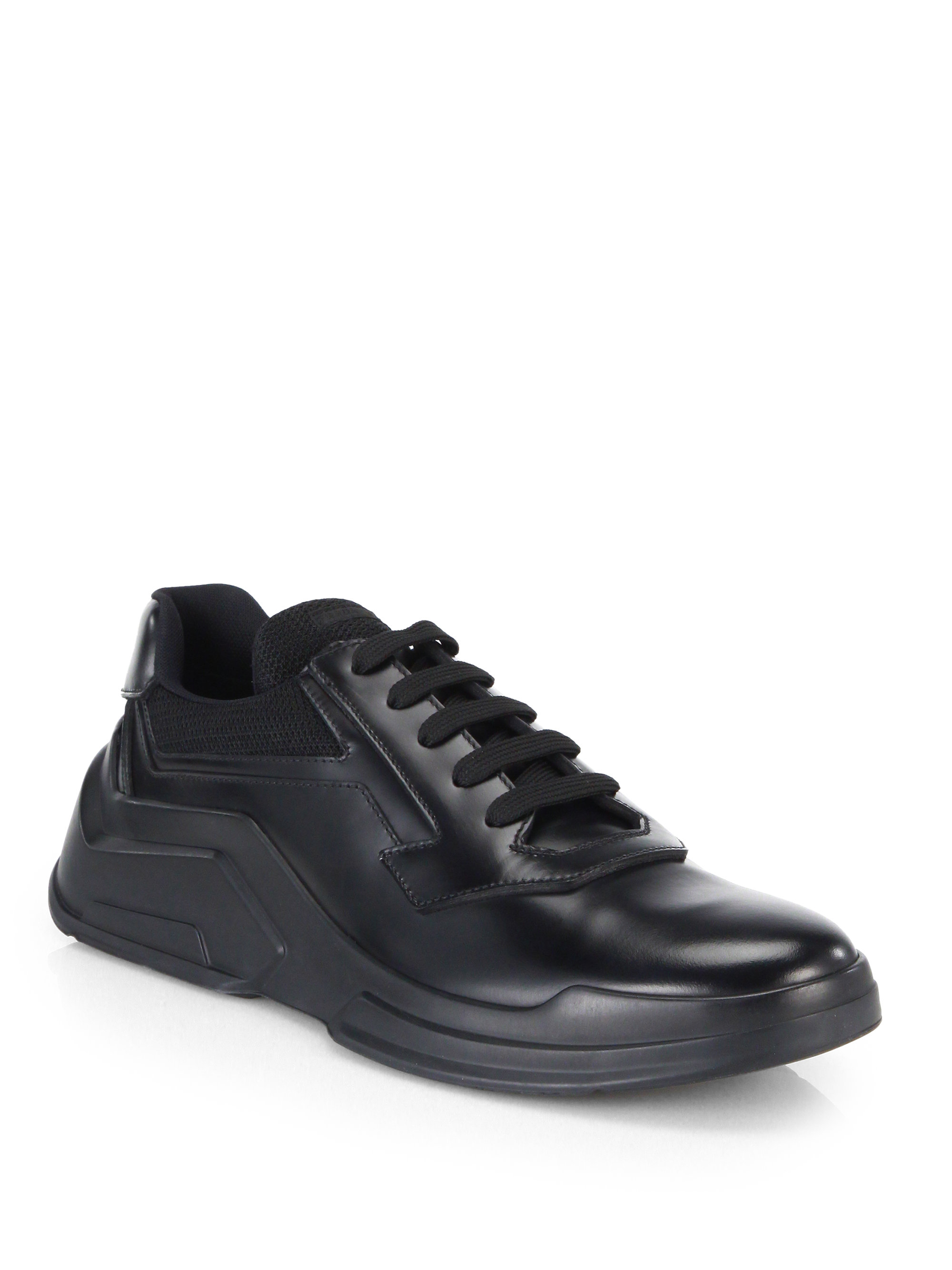 Prada Spazzolato Leather Laced Runway Sneakers in Black for Men - Lyst