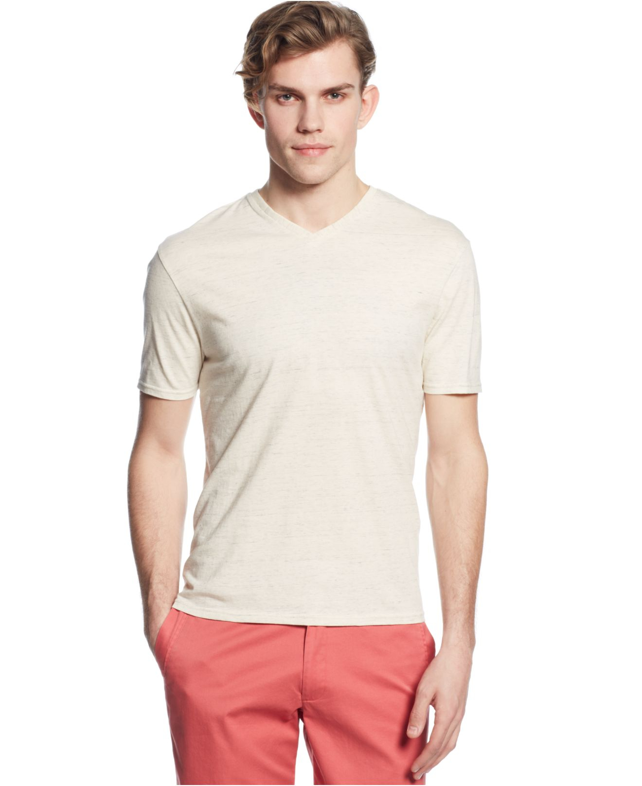 Shop by category Hanes Premium Men's Slim Fit V-neck T-Shirts are available in a convenient pack of 4. With lightweight, ComfortBlend fabric, they deliver premium, all day comfort.