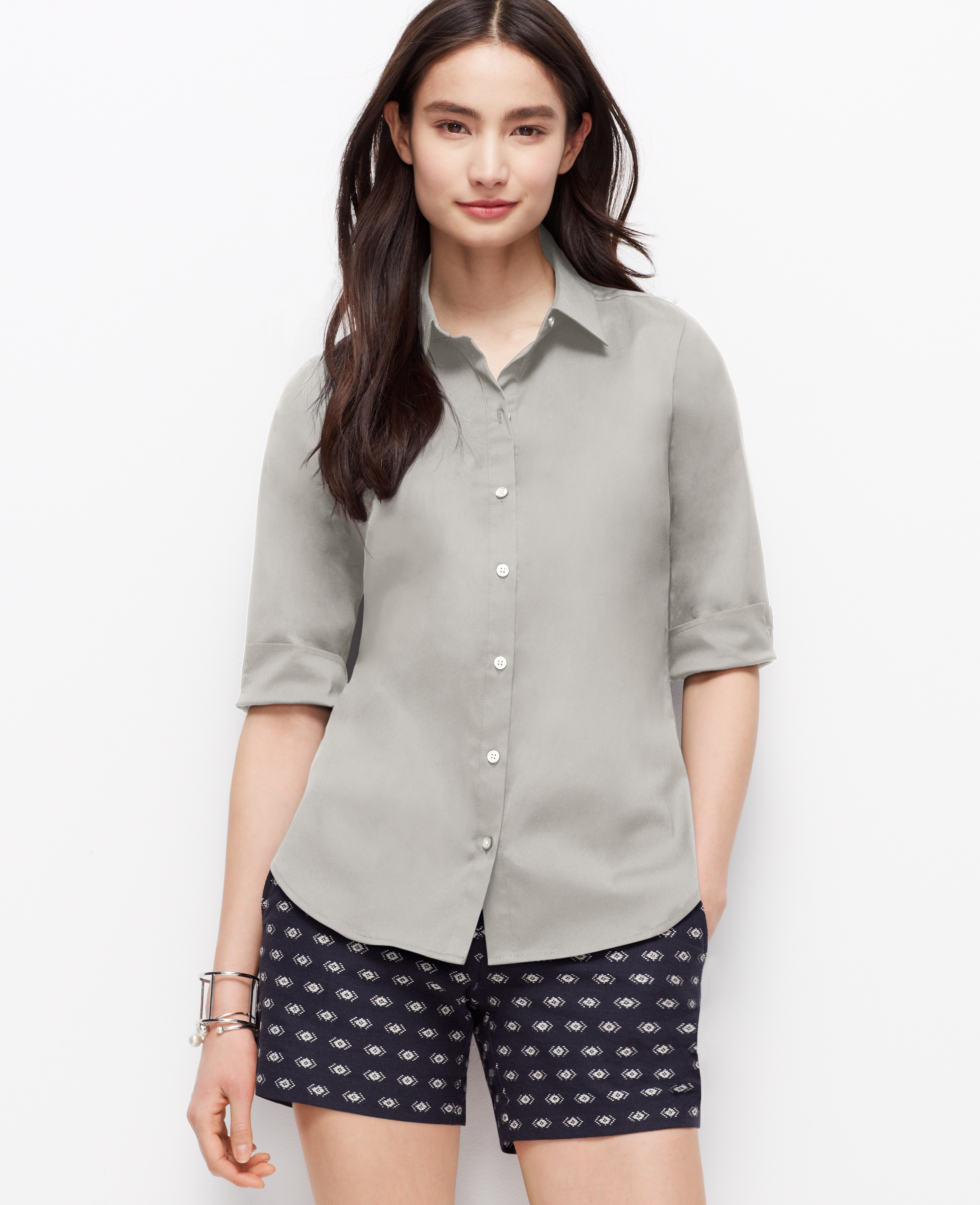 Lyst Ann Taylor Perfect Short Sleeve Button Down Shirt in Gray