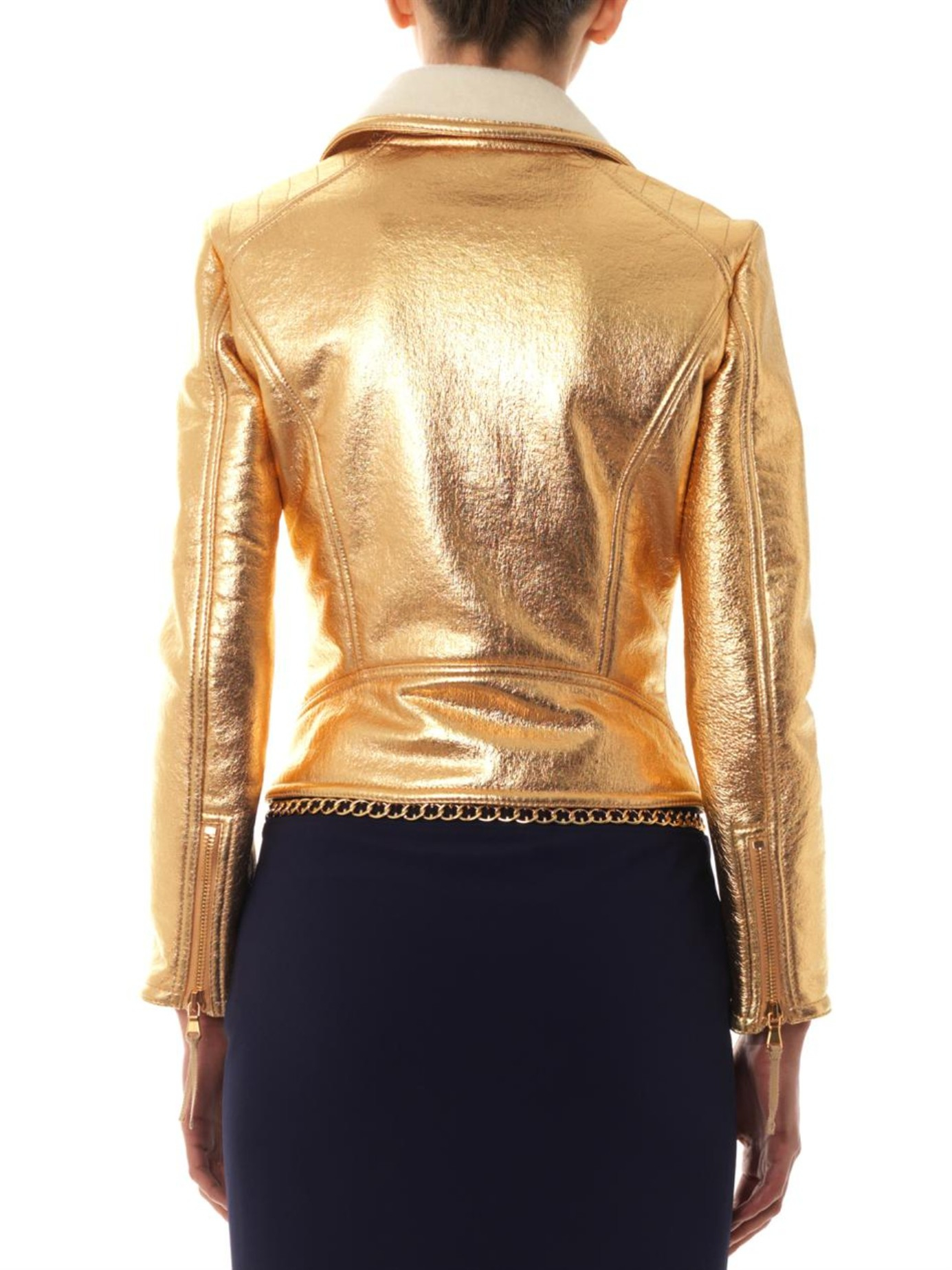 Moschino Lamé Shearling-Lined Biker Jacket in Gold (Metallic) - Lyst