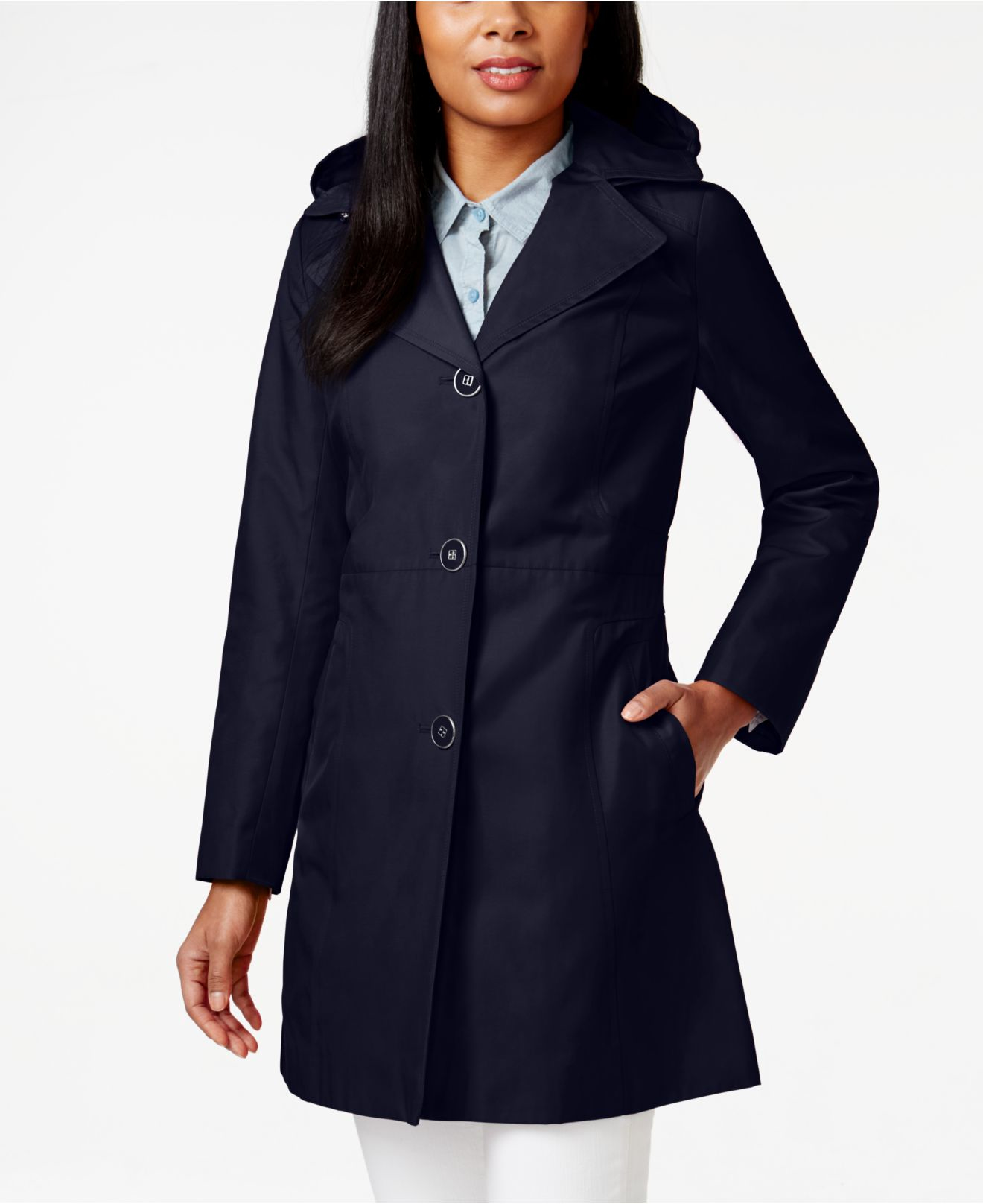 Anne Klein Hooded Water Resistant Button-front Trench Coat ...