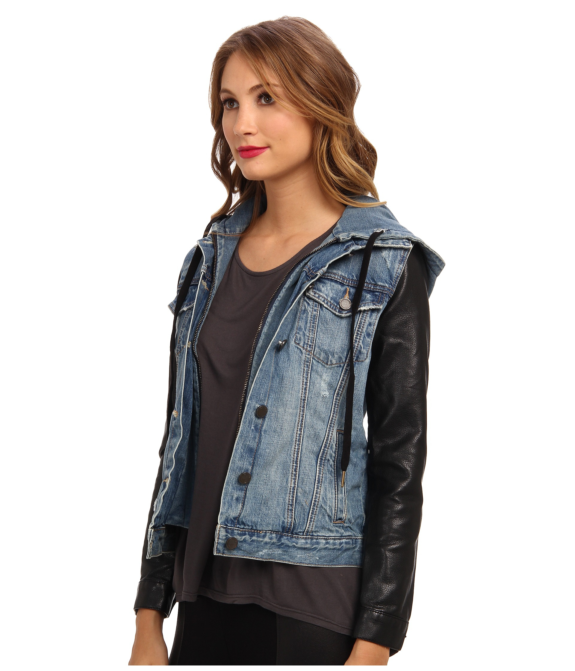 Blank Denim Jacket W/ Vegan Leather Sleeves In Ripped Off in Blue | Lyst