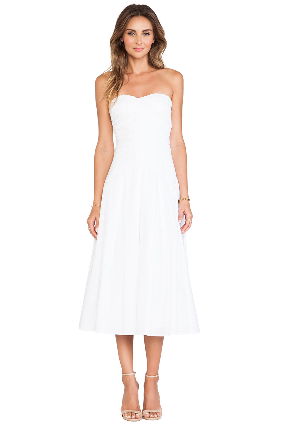 White Strapless Tea Length Dress