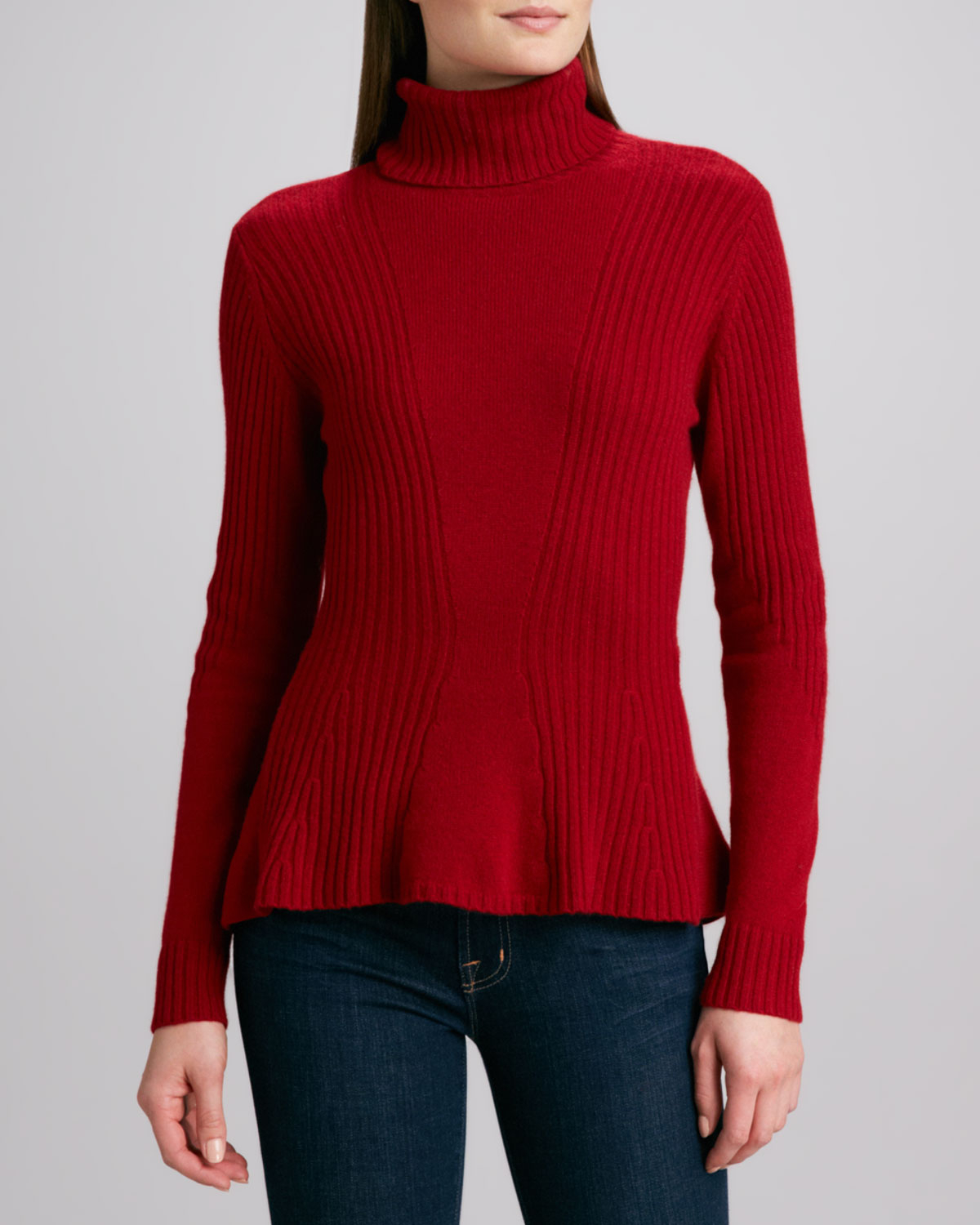 Magaschoni Cashmere Turtleneck Peplum Sweater in Red | Lyst