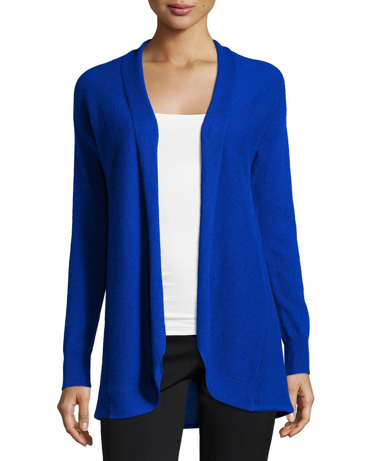 Neiman marcus Cashmere Pleated-back Open-front Cardigan in Blue | Lyst