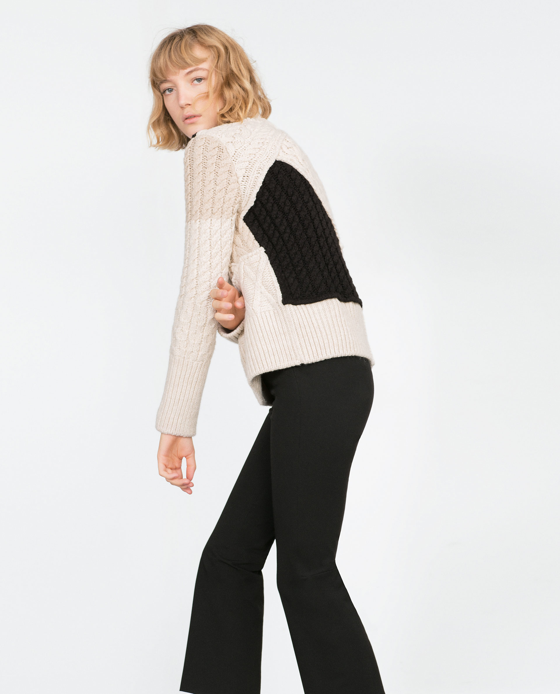 Zara Cable Knit Patchwork Sweater in Black | Lyst