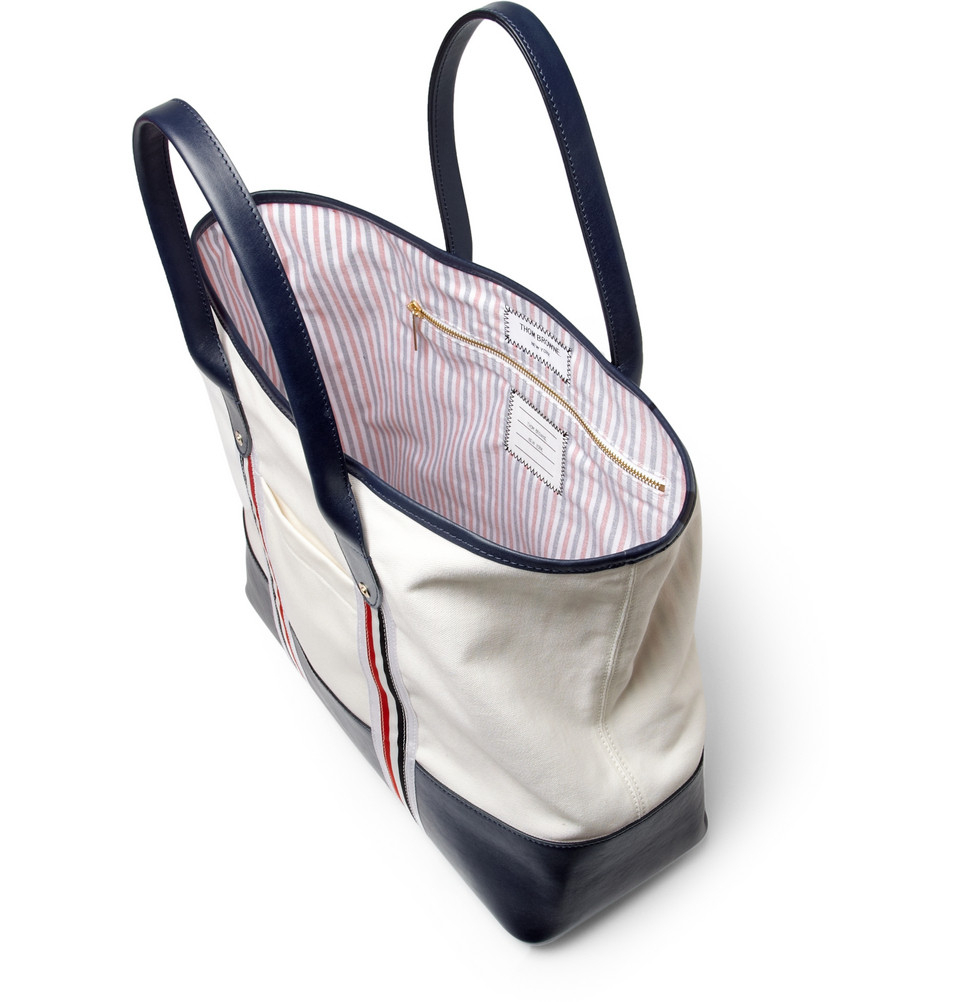 Thom Browne Leather and Canvas Tote Bag in White for Men - Lyst
