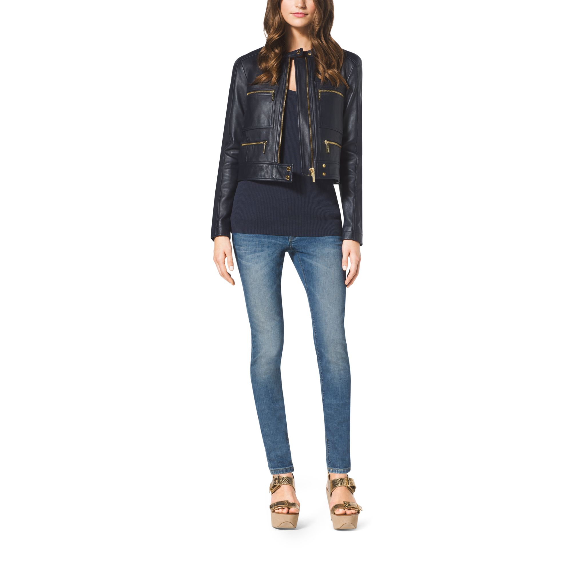 Lyst Michael Kors Cropped Leather Jacket In Blue Gallery Women S Cropped Leather Jackets