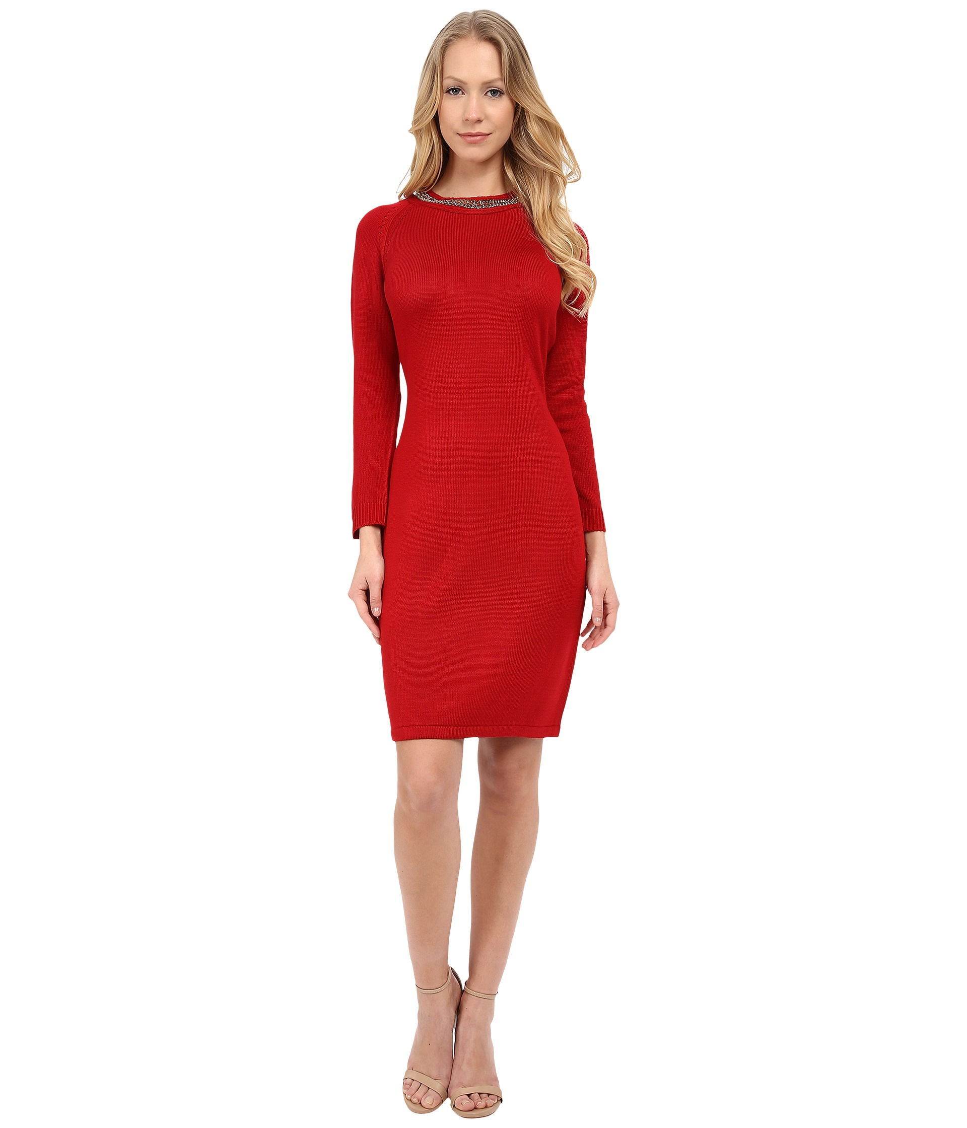 calvin klein red long sleeve dress