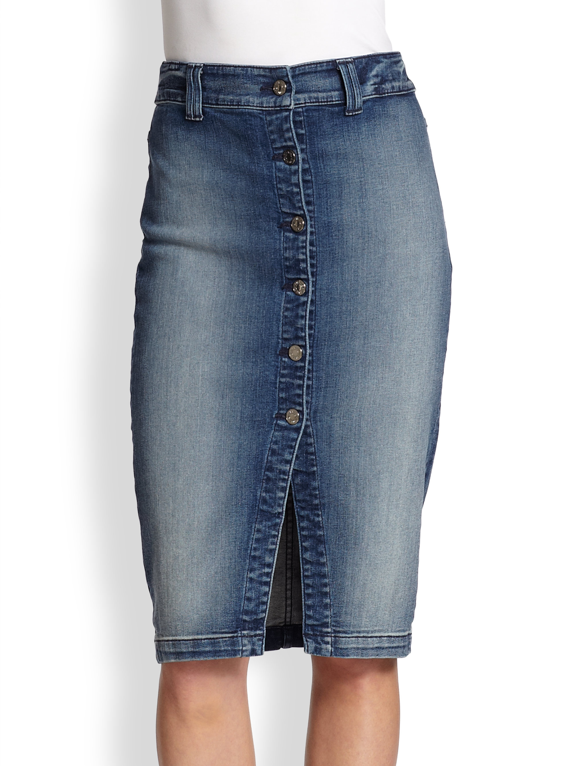 7 For All Mankind Buttonfront Stretch Denim Pencil Skirt in Blue - Lyst