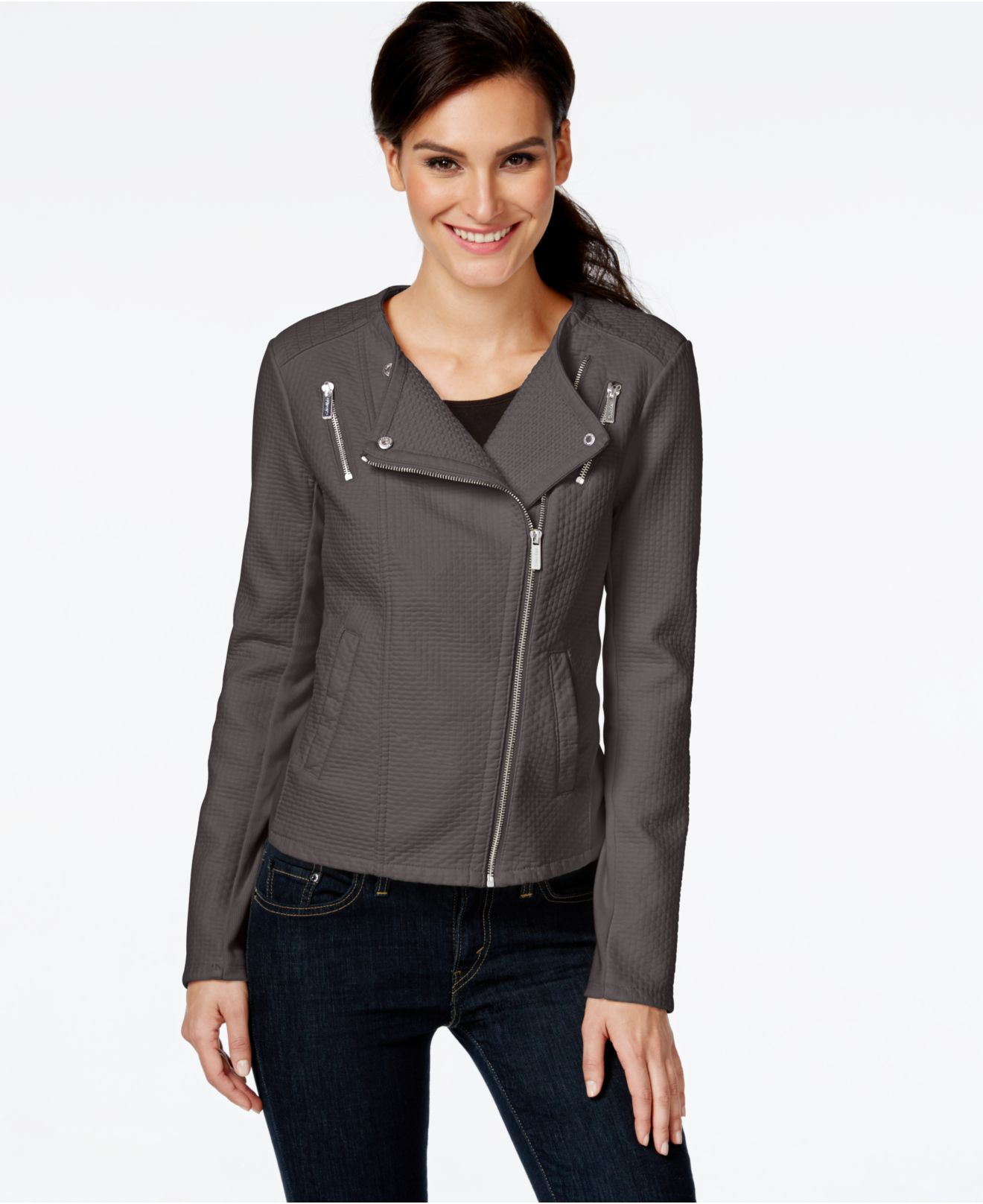 Calvin Klein Gray Faux Leather Textured Moto Jacket