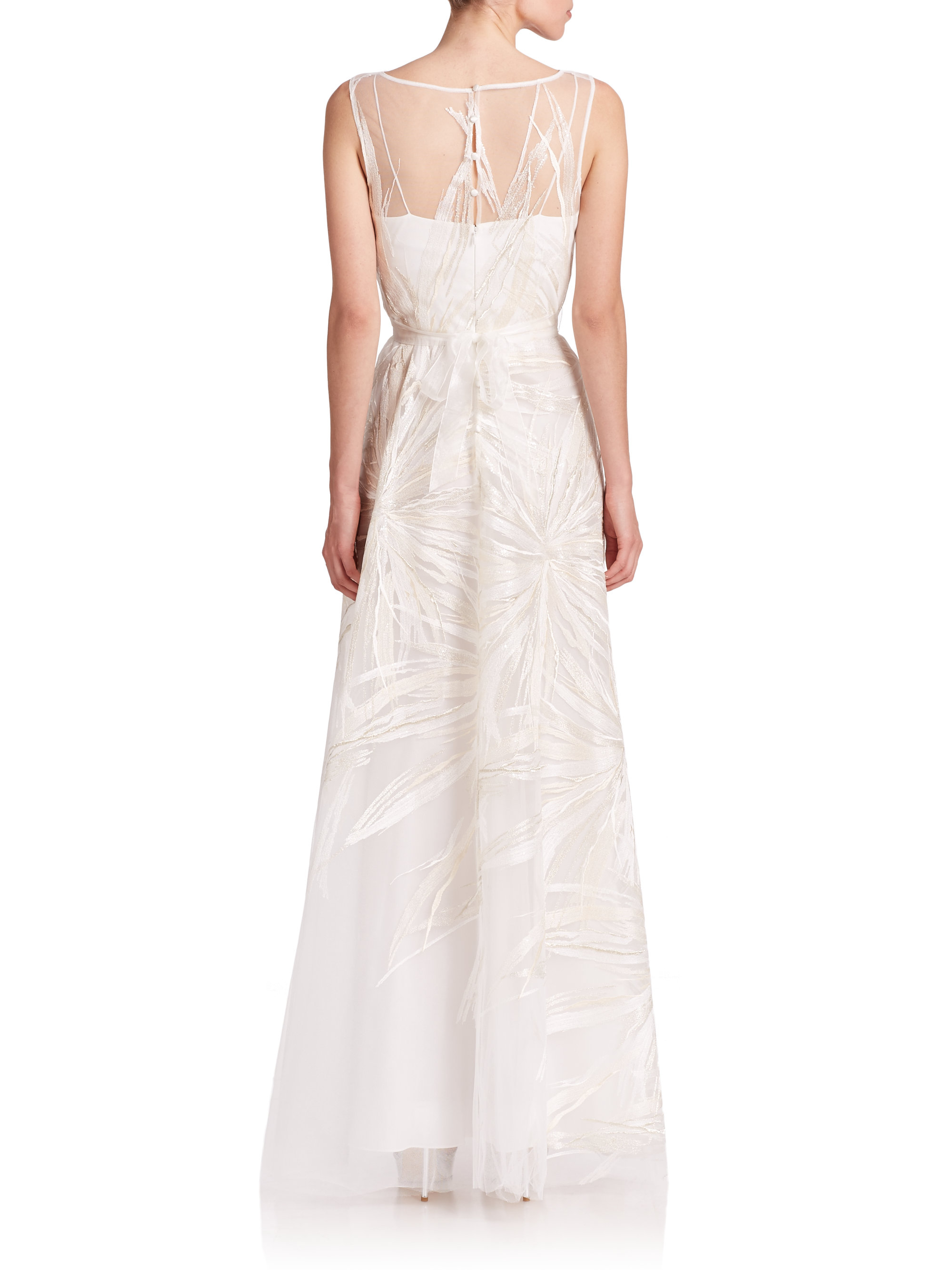 Teri Jon Embroidered Tulle Illusion Gown in Ivory (White) - Lyst