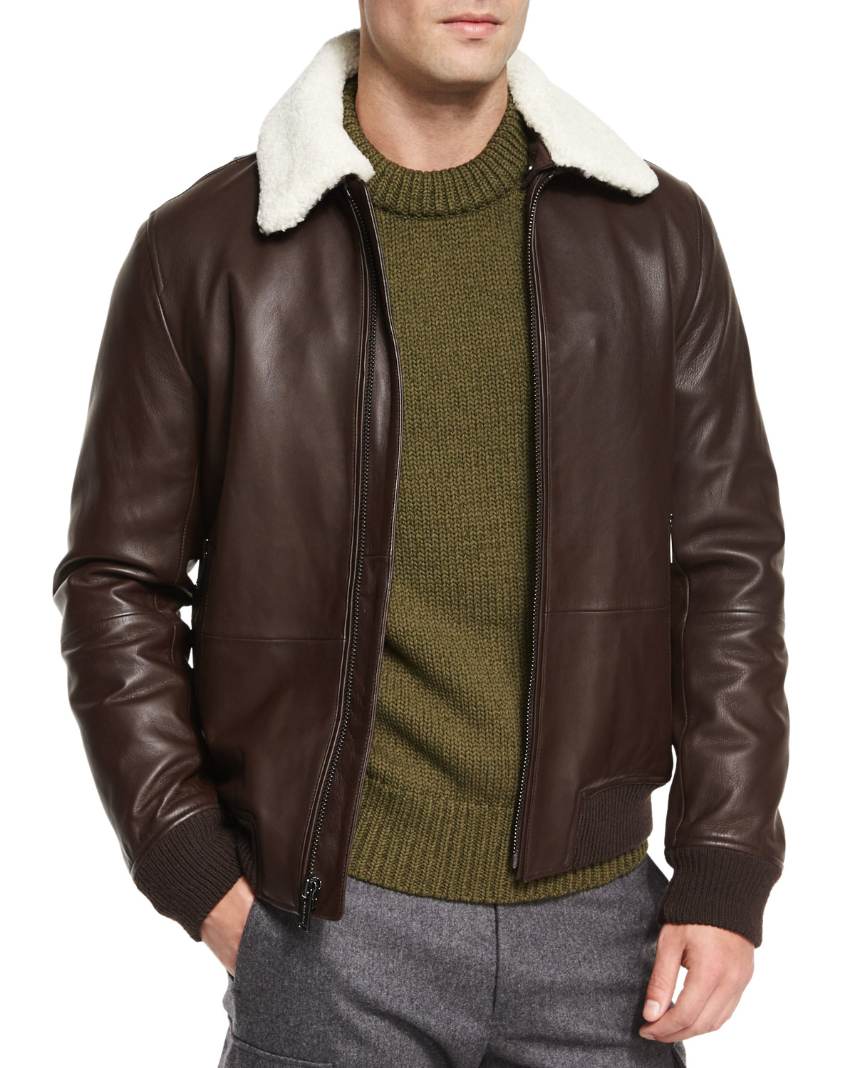 Lyst - Michael Kors Leather Jacket With Shearling Collar in Brown for Men