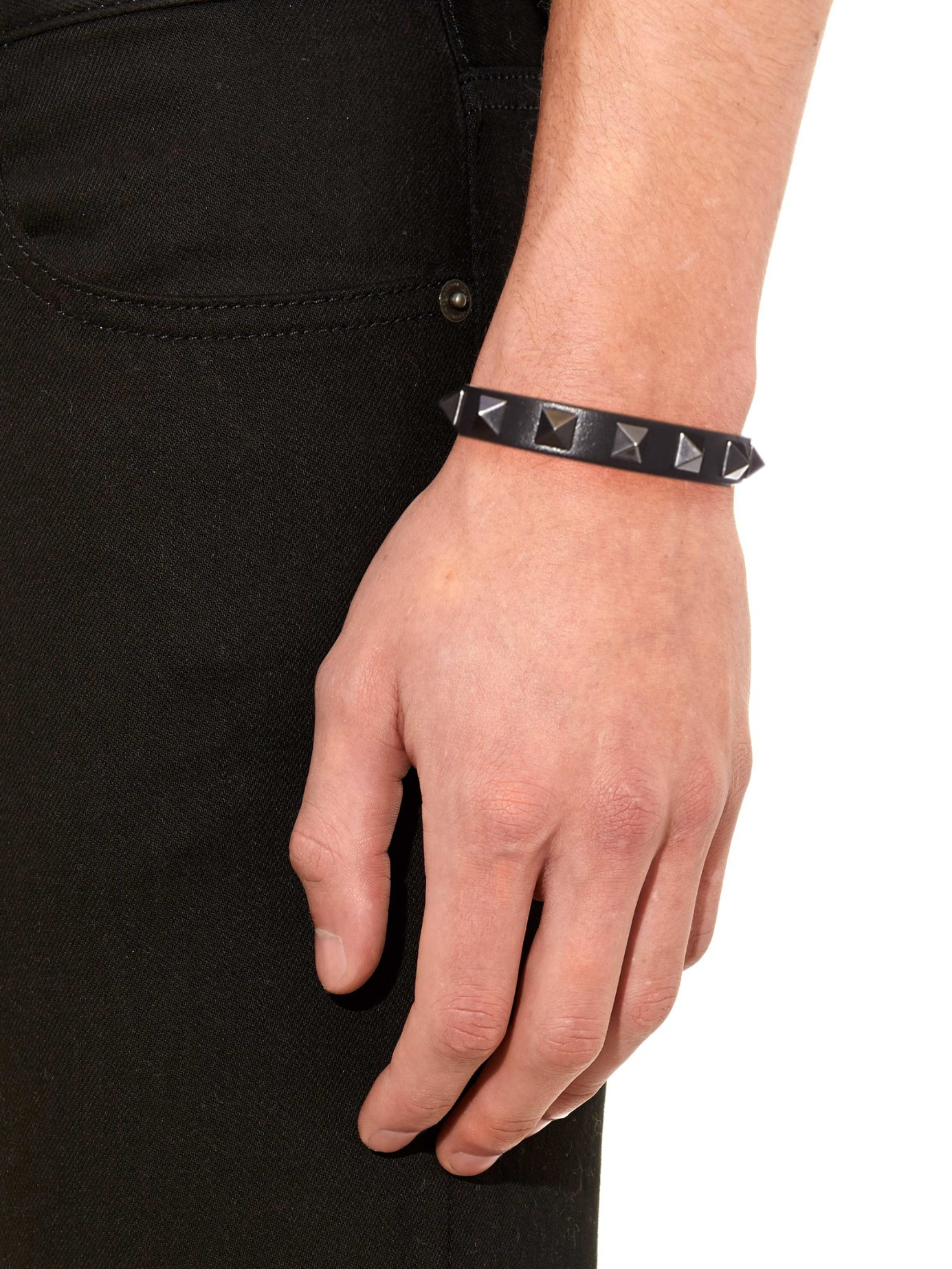 Valentino Rockstud Leather Bracelet in Black for Men - Lyst