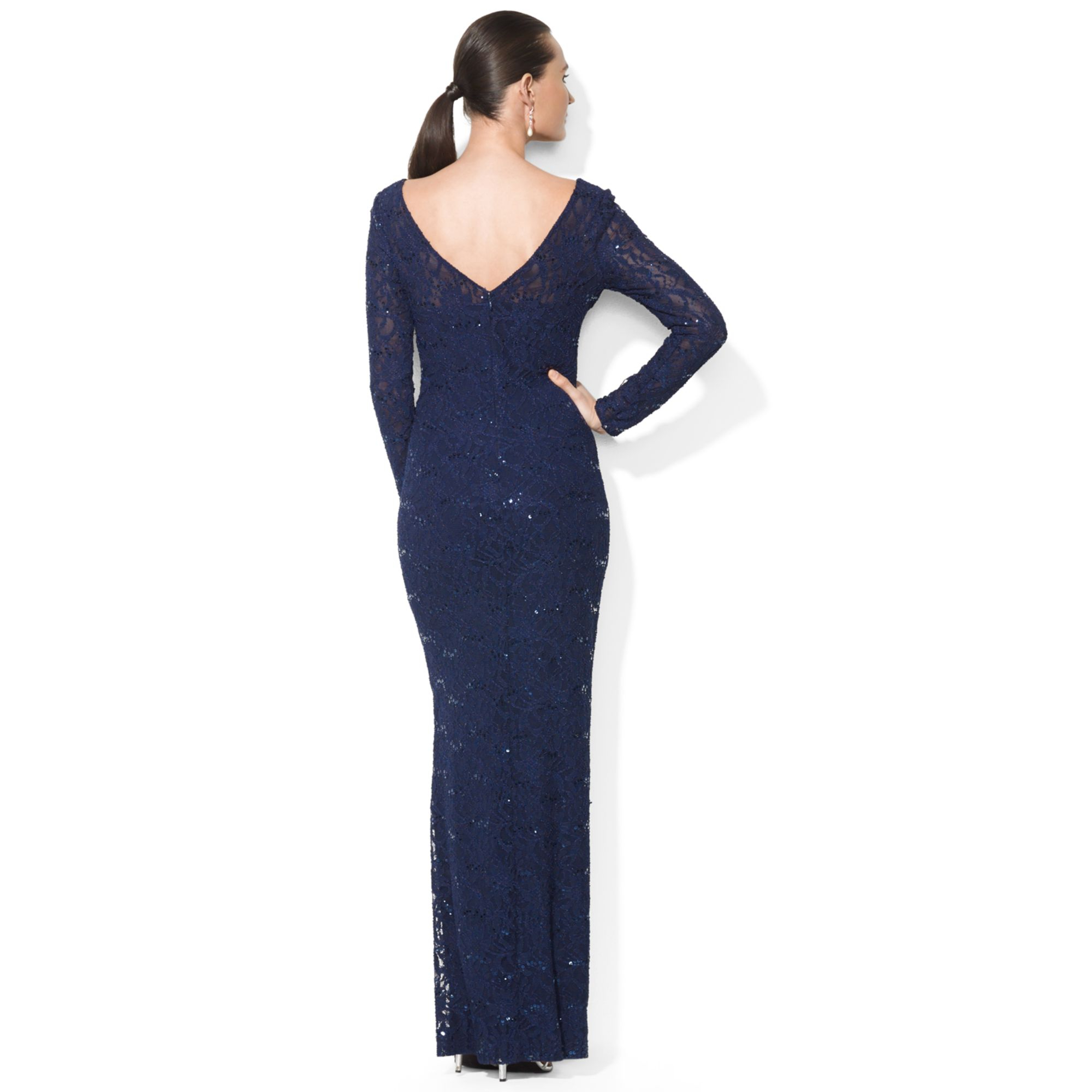 Lauren by Ralph Lauren Longsleeve Sequined Lace Gown in Navy (Blue) - Lyst