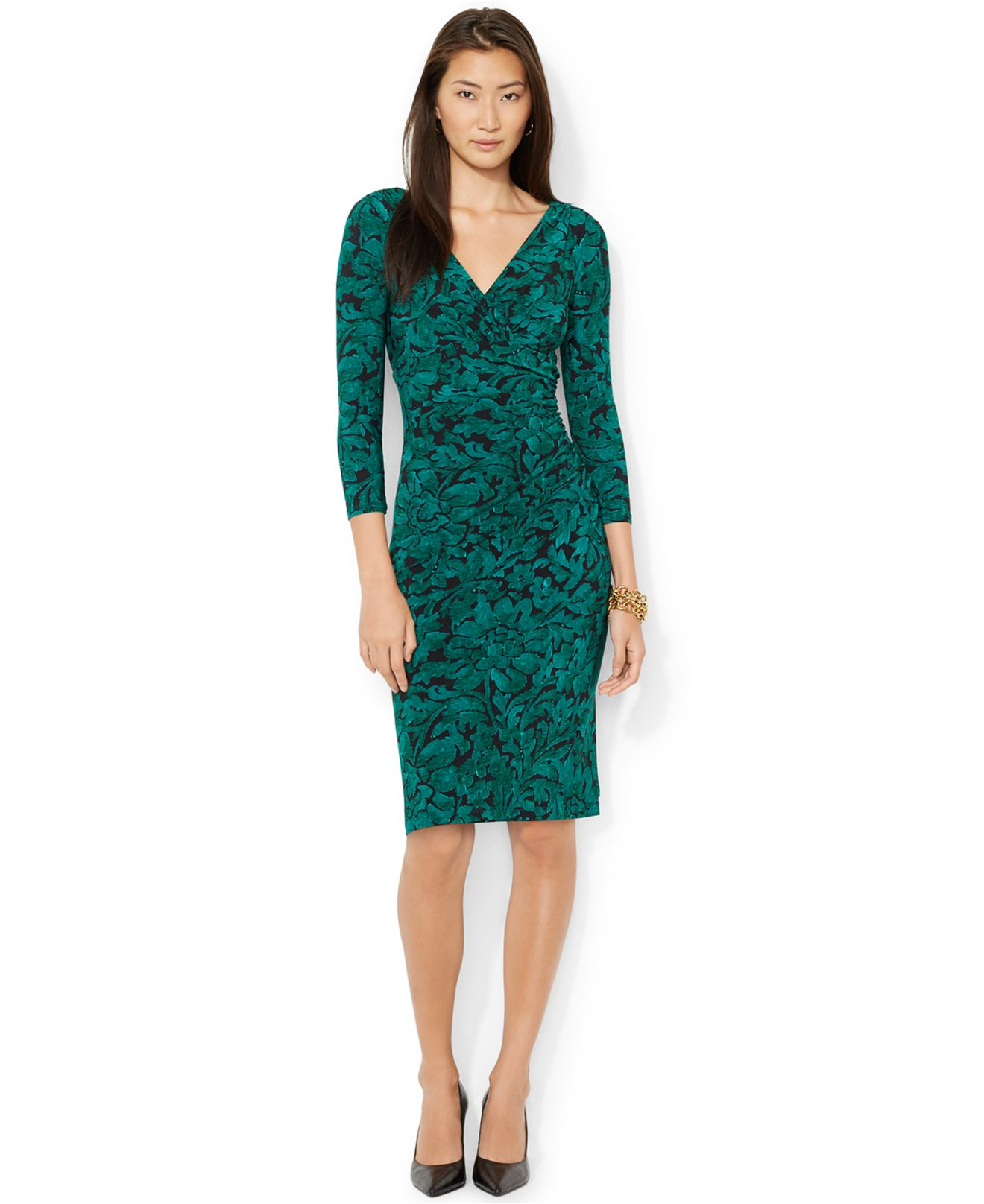 Lauren by Ralph Lauren Floral-Print Faux-Wrap Dress in Green | Lyst