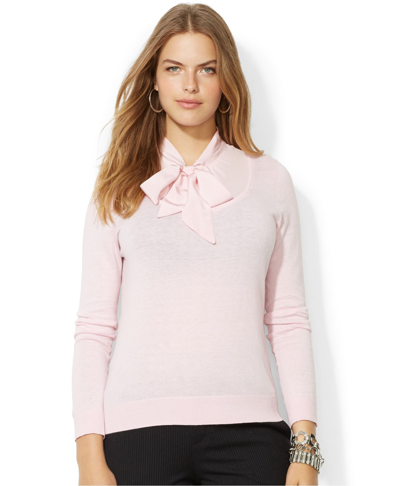 Lyst Lauren By Ralph Lauren Plus Size TieNeck Illusion Sweater in Pink