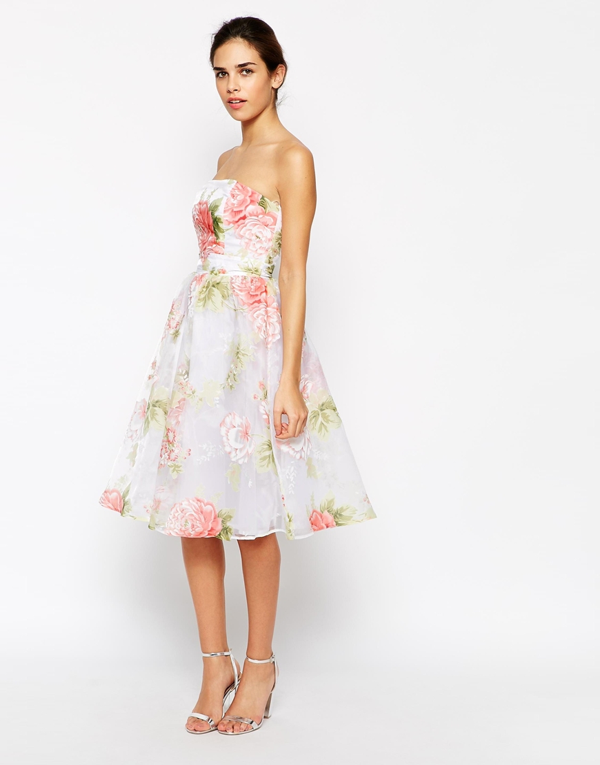 Elise Ryan Bandeau Midi Prom Dress In Organza Floral Print
