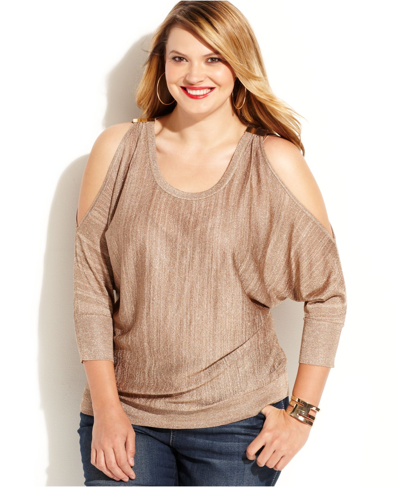 INC International Concepts Plus Size Metallic ColdShoulder Sweater Lyst