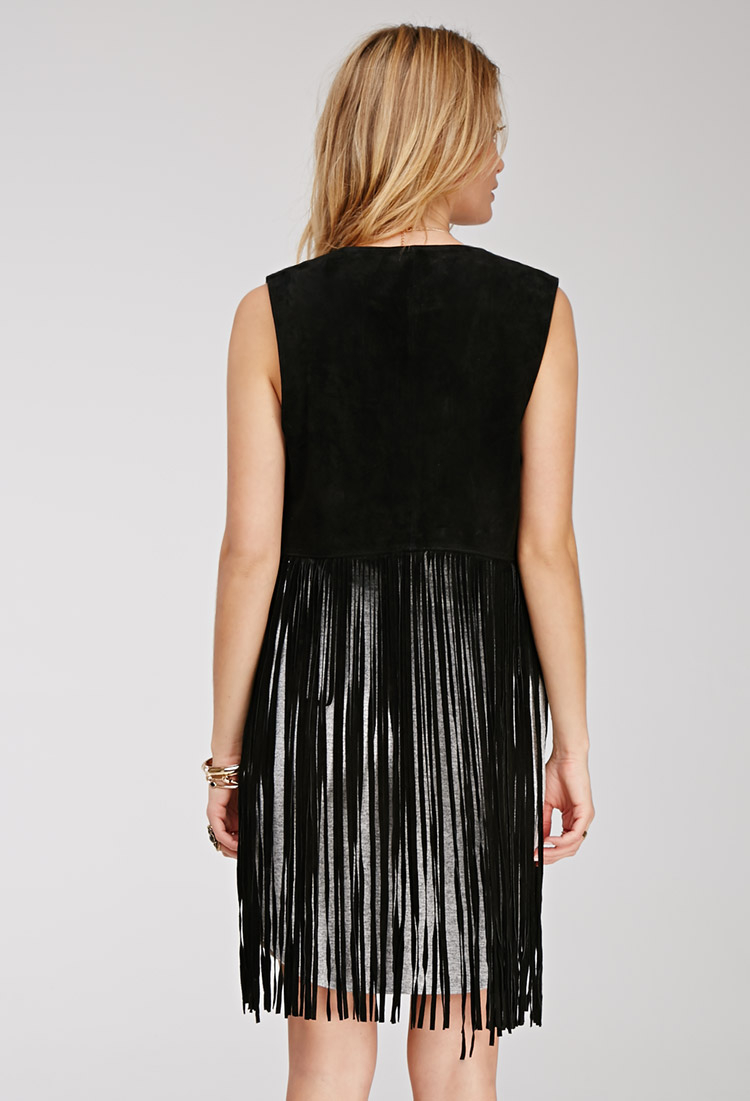 Lyst Forever 21 Contemporary Genuine Suede Fringed Vest in Black