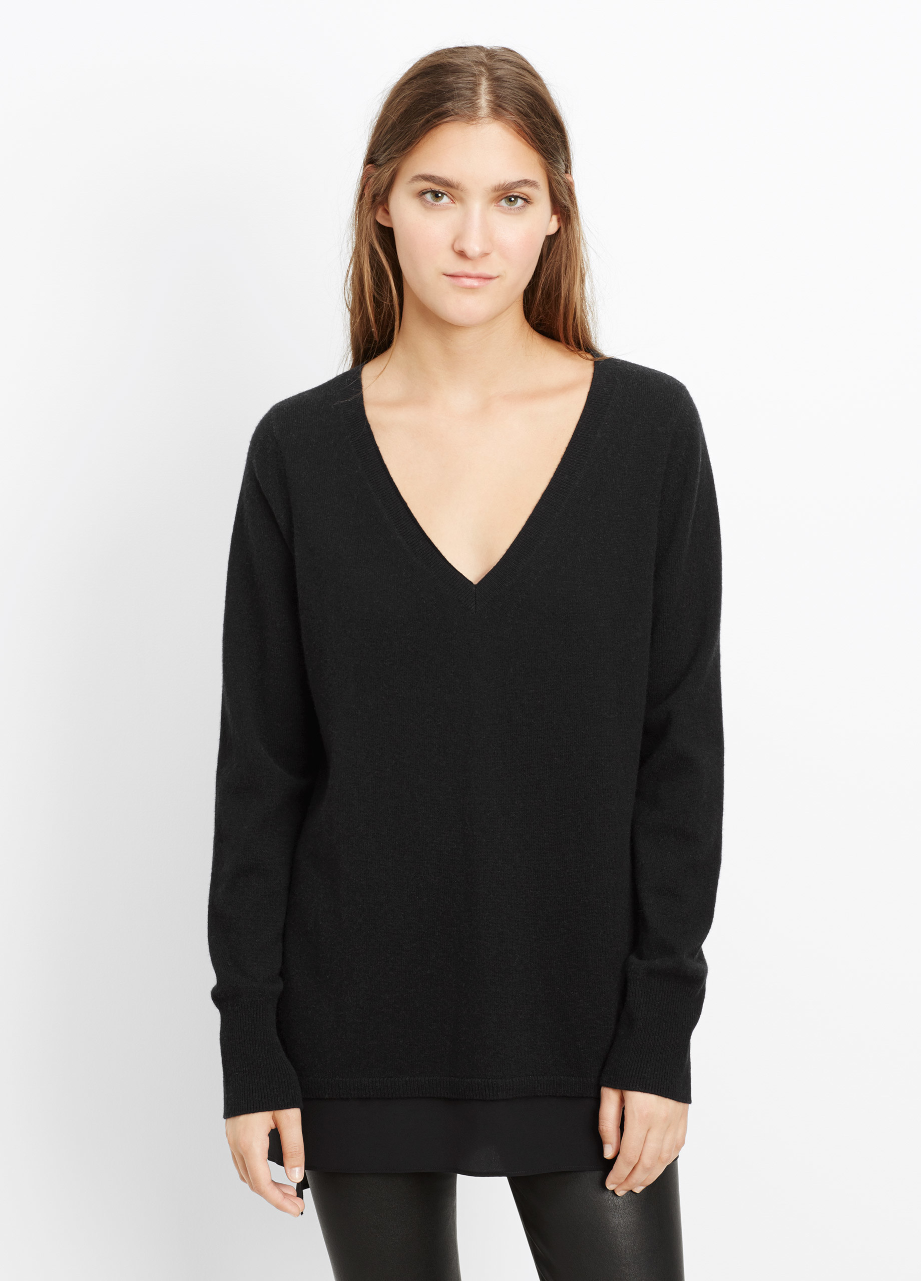 Vince Wool Cashmere V Neck Sweater With Silk Contrast In Black Lyst