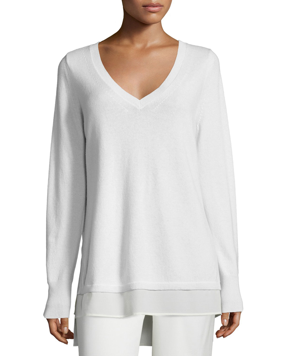 Vince Silk Mixedmedia Layered Vneck Sweater in White Lyst