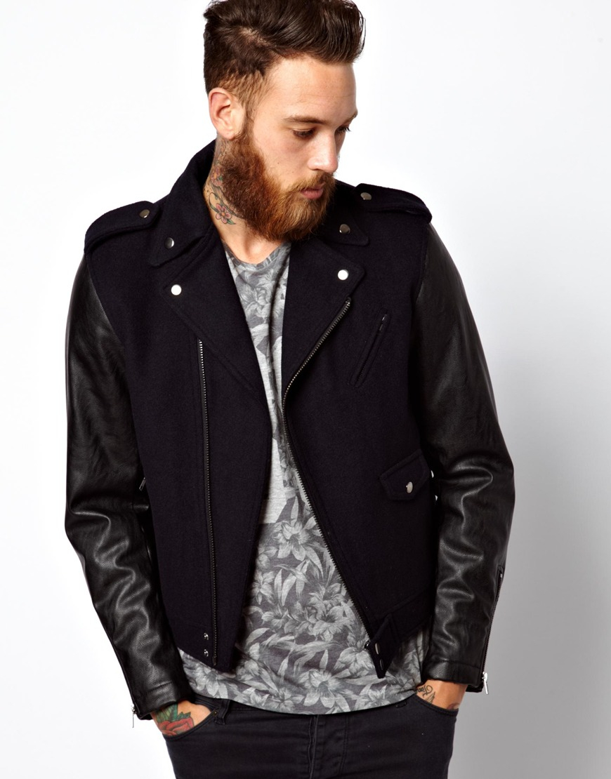 Asos Biker Jacket With Faux Leather Sleeves In Blue For Men Lyst Gallery