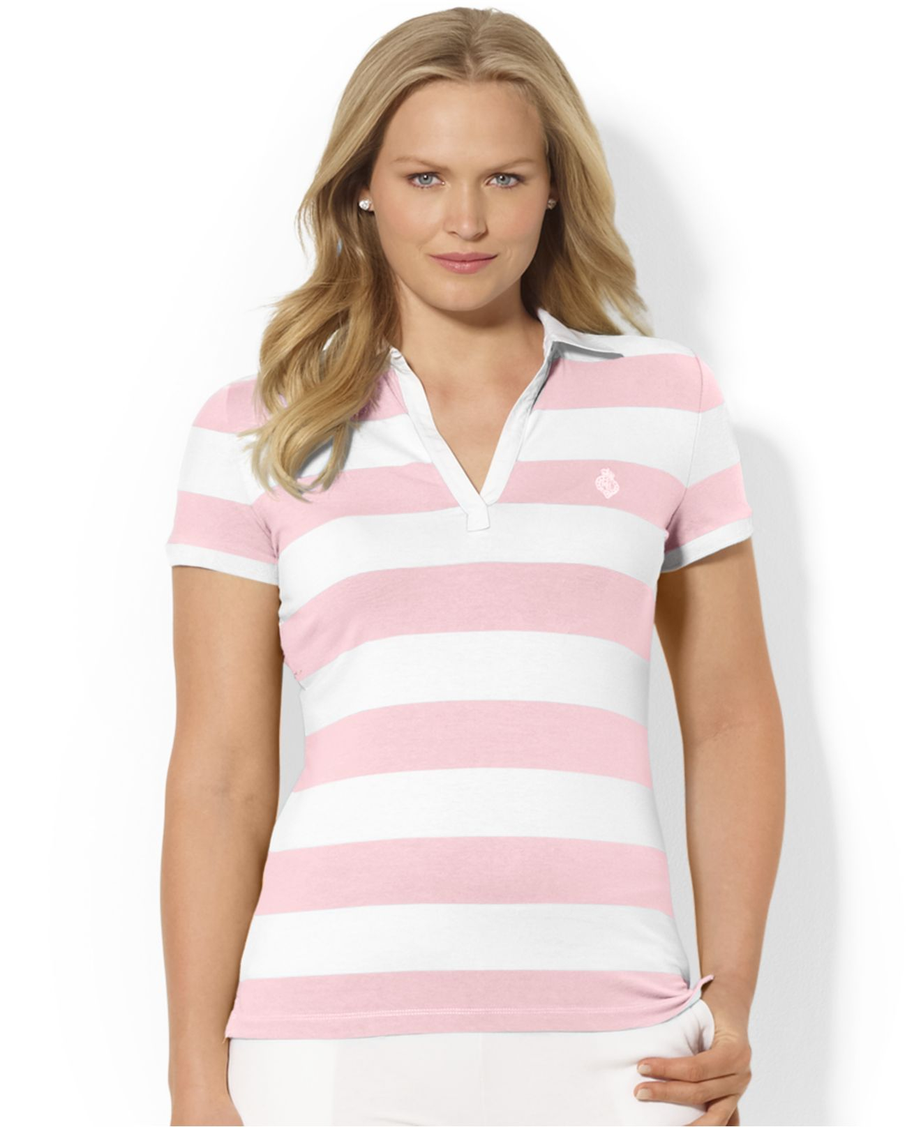 Lauren by Ralph Lauren Plus Size Striped Polo Shirt in Pink | Lyst