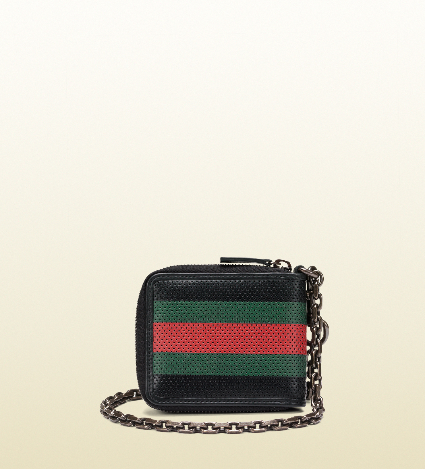 Gucci Perforated Leather Web Chain Wallet in Black for Men - Lyst