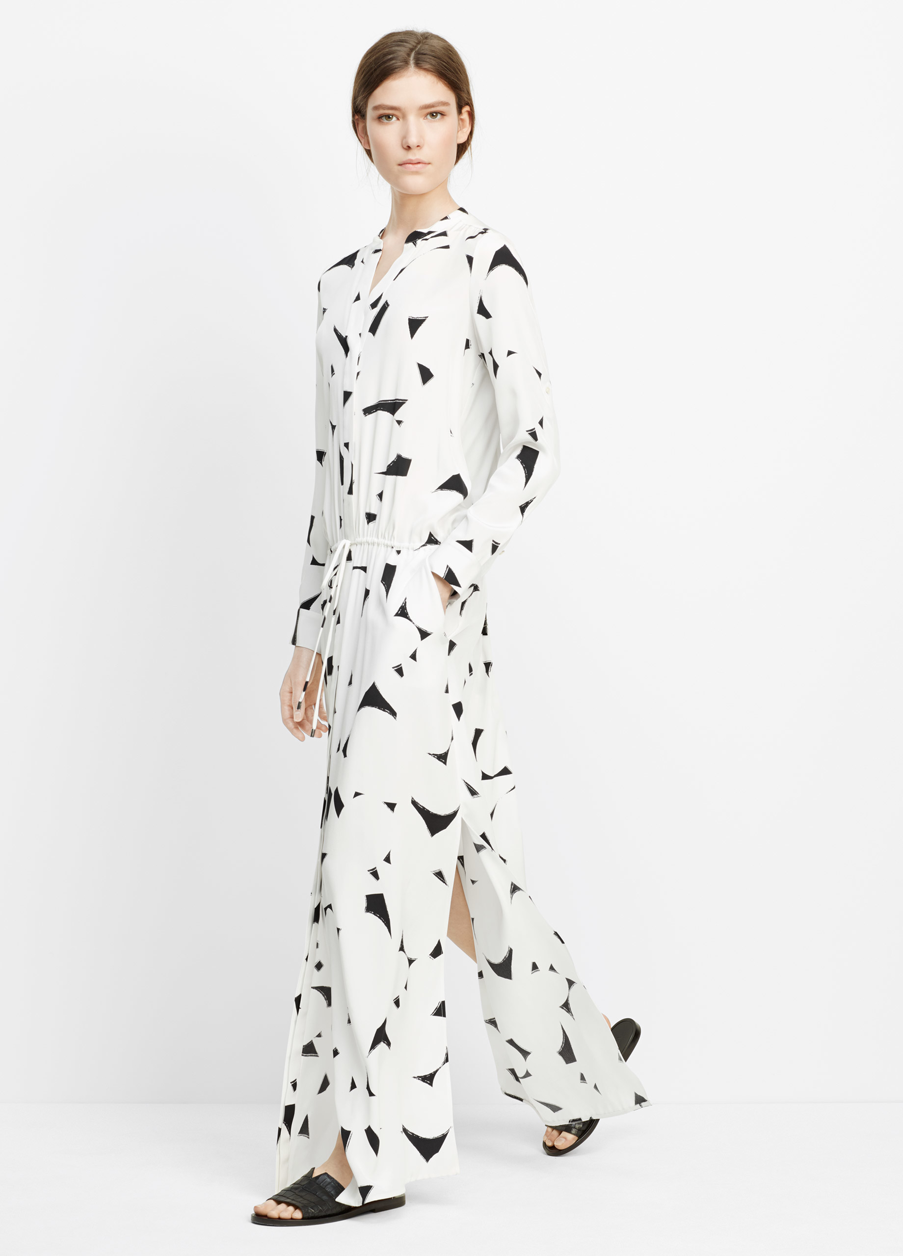 Lyst - Vince Drawstring Printed-Silk Maxi Dress in White