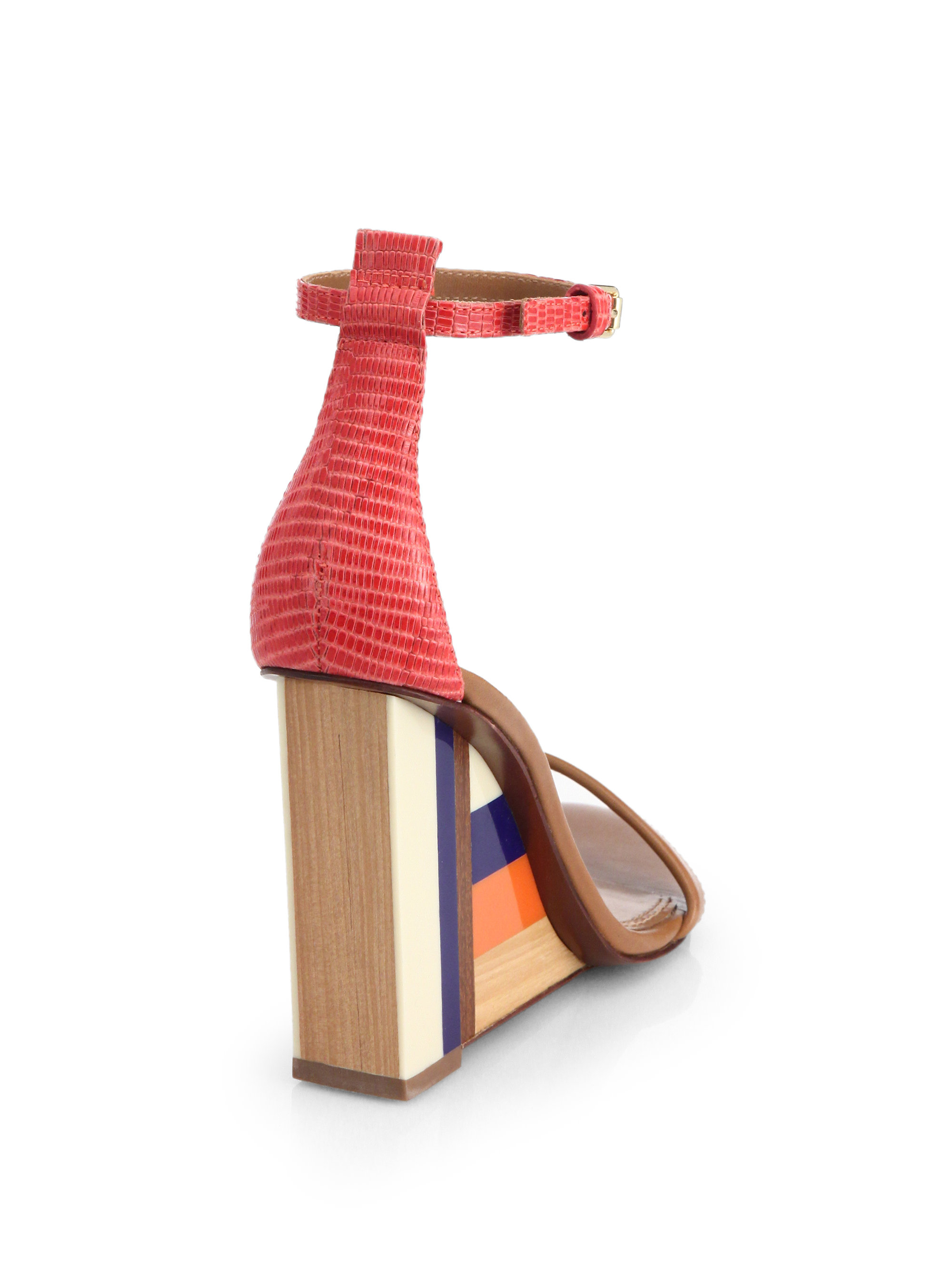 Tory Burch Colorblock Wooden-Wedge Leather Sandals | Lyst