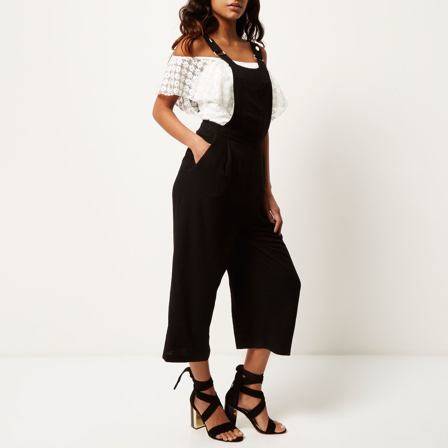 Lyst - River Island Black Textured Culotte Dungarees in Black