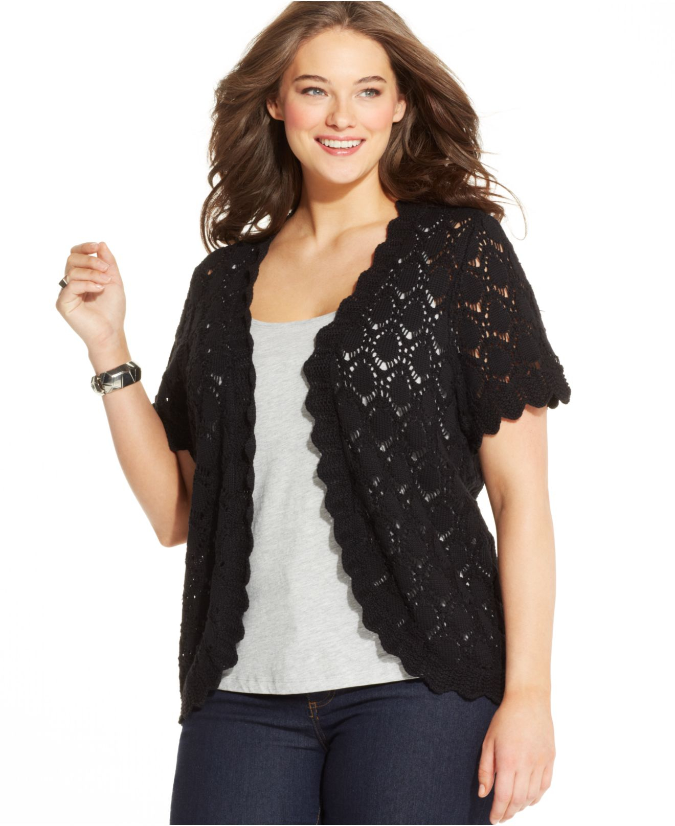 Style & Co. Plus Size Short-sleeve Crochet Cardigan in Black | Lyst