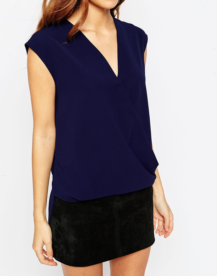 Asos Synthetic Sleeveless Drape Wrap Blouse In Navy Blue Lyst
