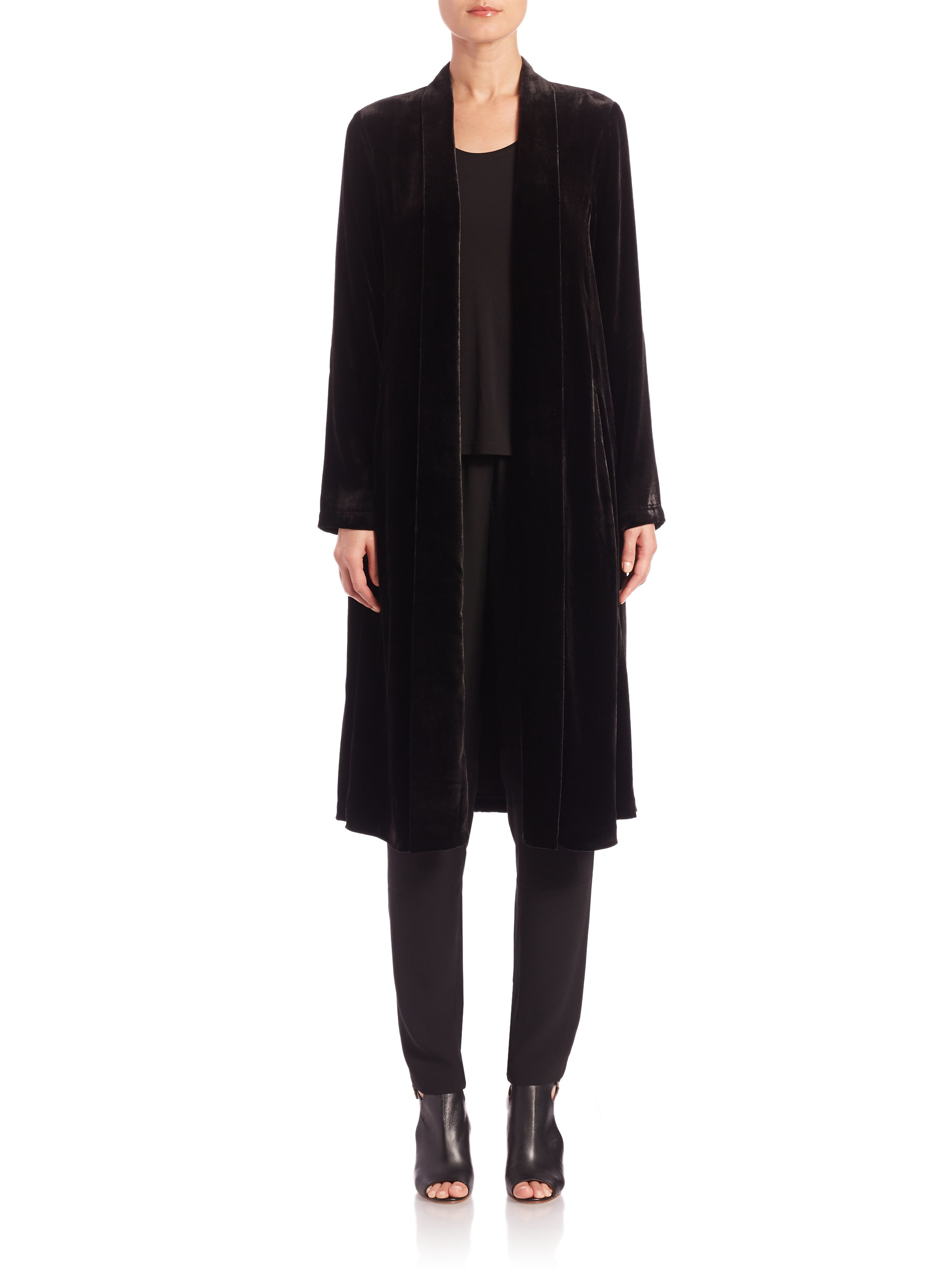 Lyst - Eileen Fisher Velvet Long Open-front Jacket in Black