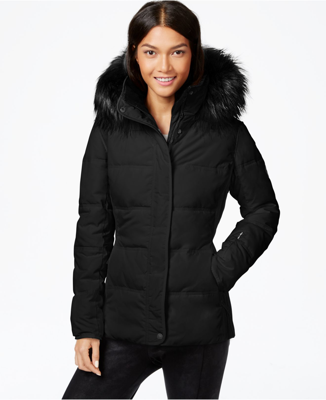 Calvin Klein Faux-fur-trim Colorblocked Quilted Puffer Coat in Black - Lyst
