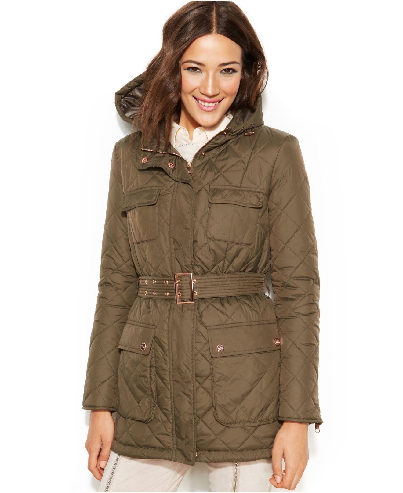 Lyst - Steve Madden Hooded Belted Quilted Puffer Coat in Brown