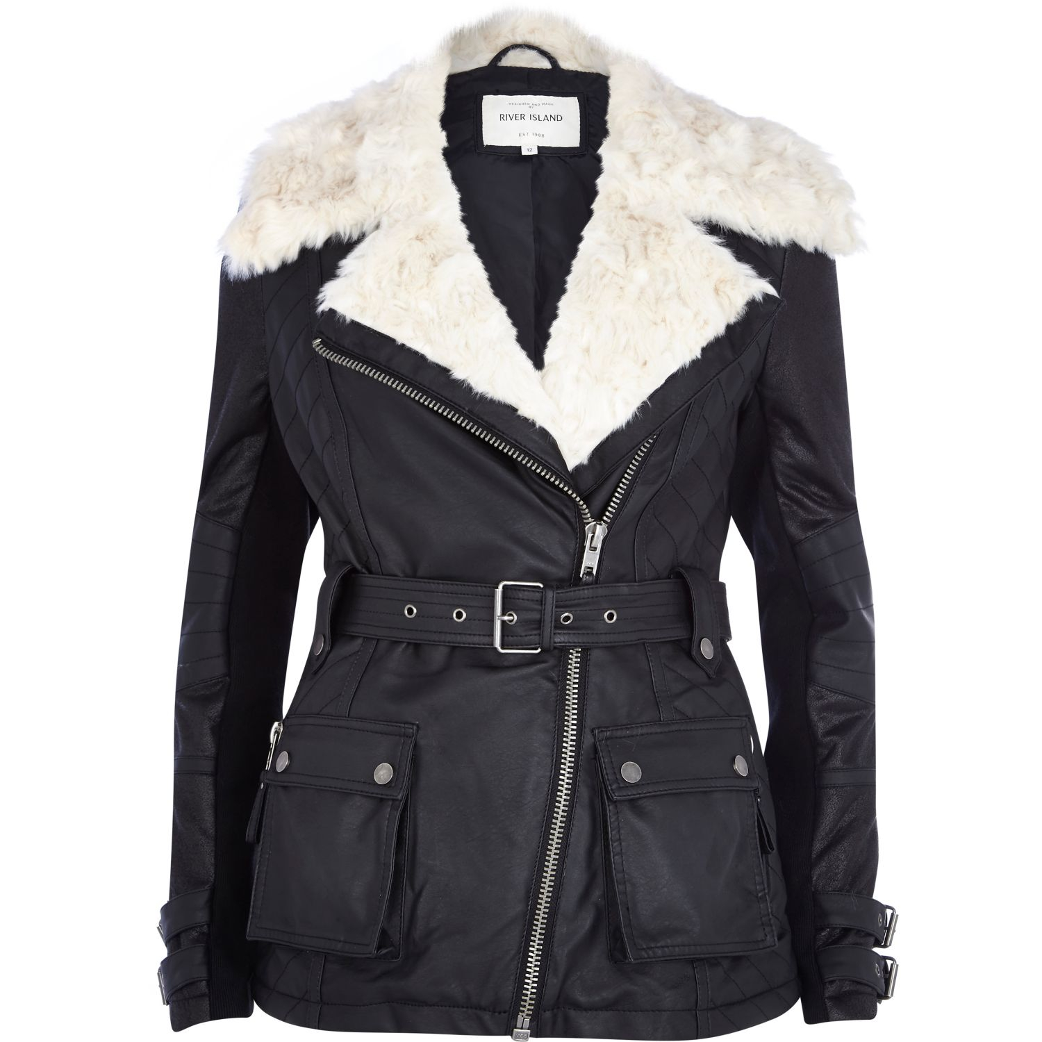 River island Black Faux Fur Collar Biker Coat in Black | Lyst