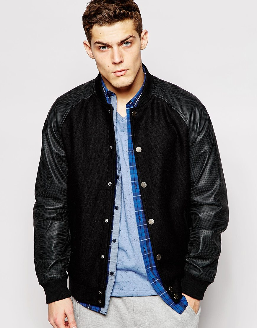 Men S Black Solid Wool Er Jacket With Faux Leather Sleeves